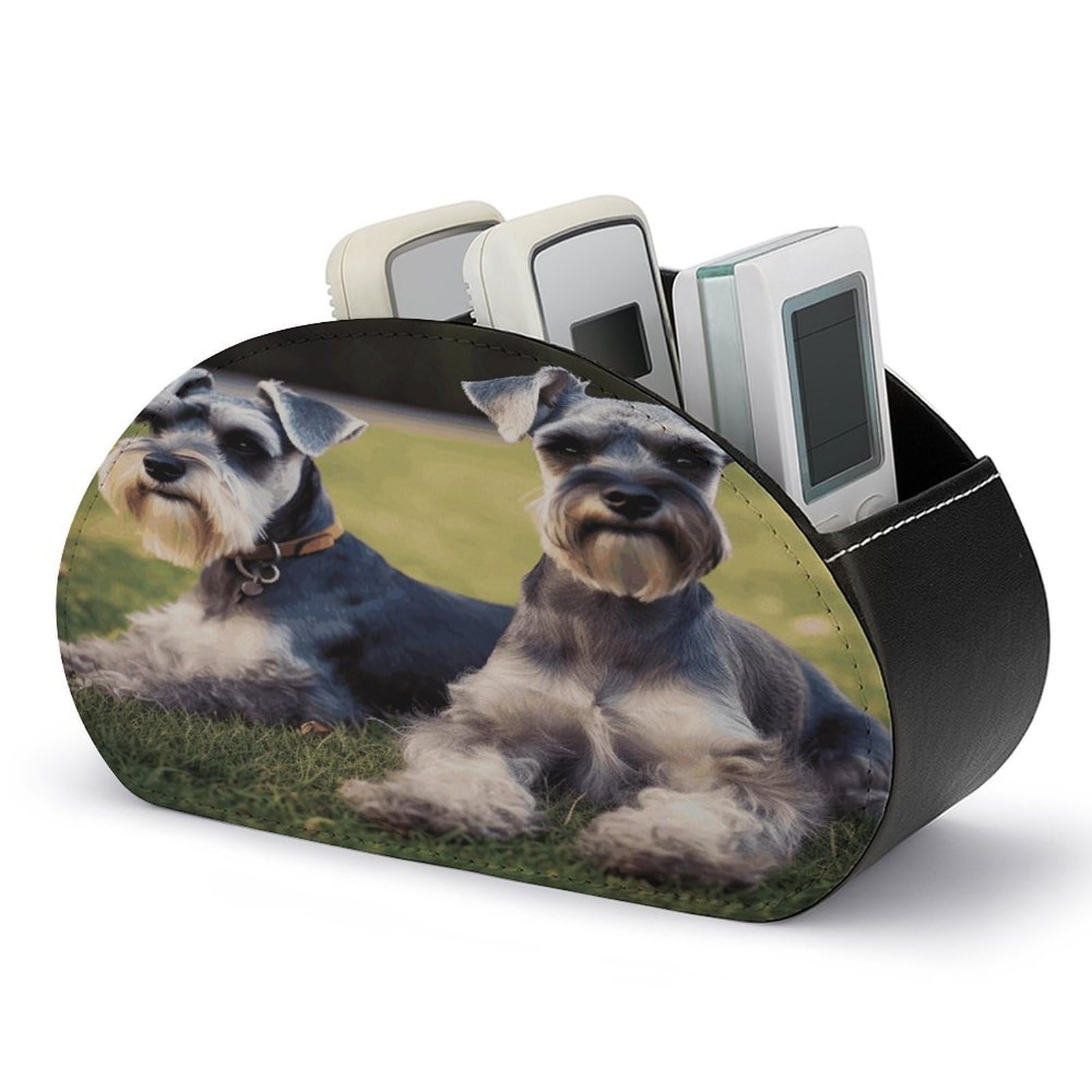 VstaDank Adult Schnauzer Dogs Remote Control Holder with 5 Compartments PU Leather Remote Caddy Desktop Organizer Store TV Remote Control Storage Box for Home Office Desk Nightstand