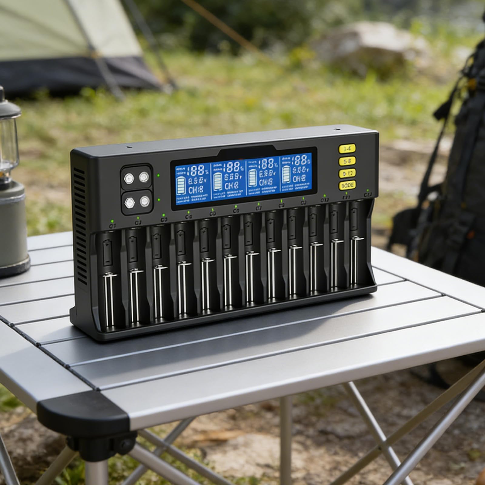 Akku Ladegerät Universal 12 Fach, Ladegerät Batterien mit LCD Anzeige für AA, AAA, 9V NI-MH/NI-CD, Li-ion-3.70V/3.80V/3.20V, 12-Ladeplatz, Universal Schnell Batterieladegerät (Schwarz)
