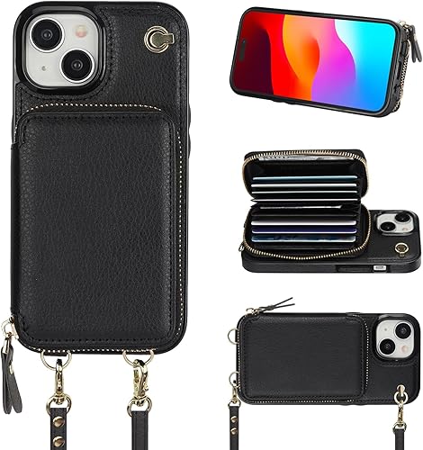 Bocasal Funda tipo cartera cruzada para iPhone 15, funda de piel con bloqueo RFID y soporte para tarjetas, funda protectora con cremallera y correa