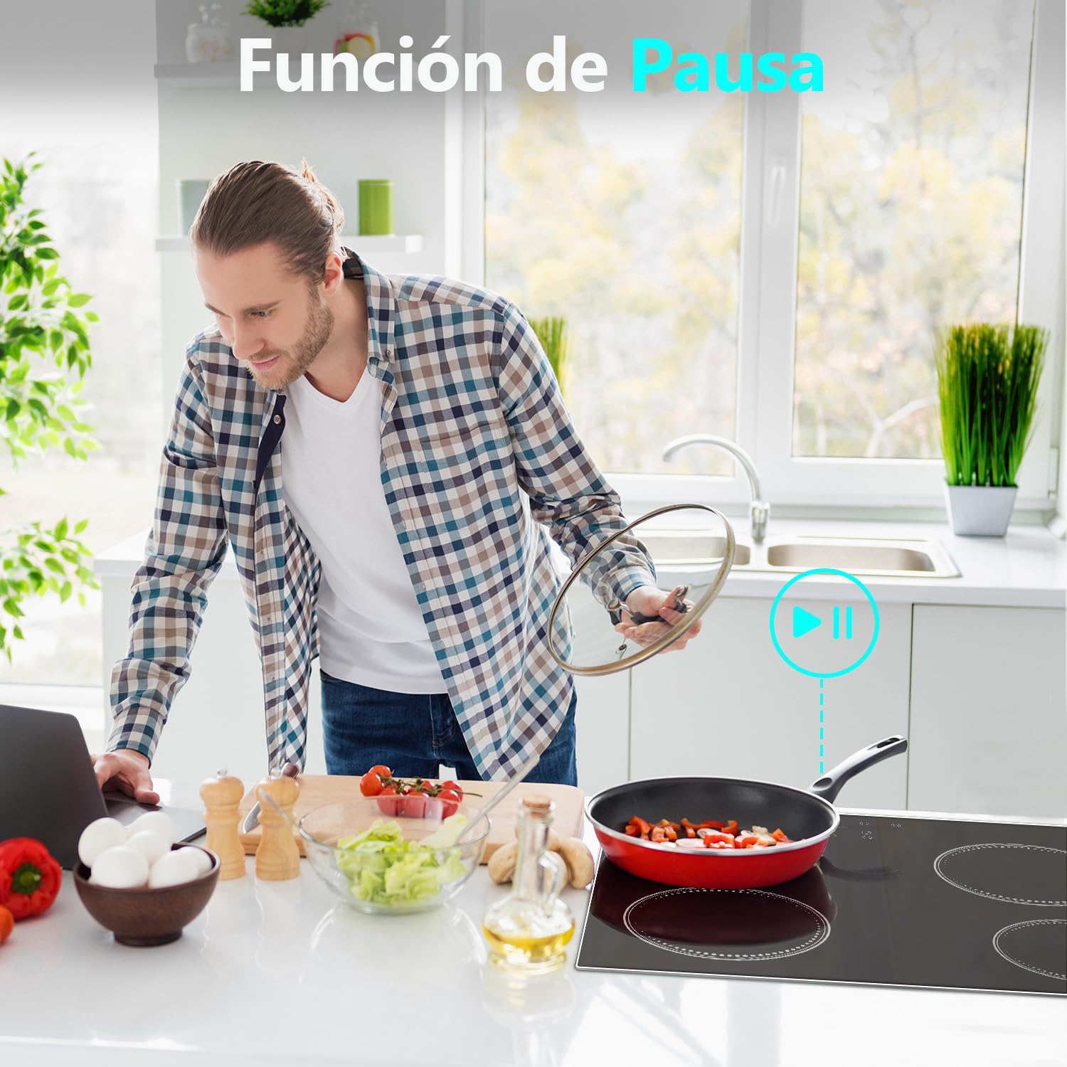 Placa Vitroceramica 4 Fuegos, Placas Vitrocerámica Empotrable | 60 cm, Control Táctil Deslizante, Bloqueo de Seguridad, Temporizador, Función Pausa, 220 V - 240 V, 6000 W, sin Enchufe