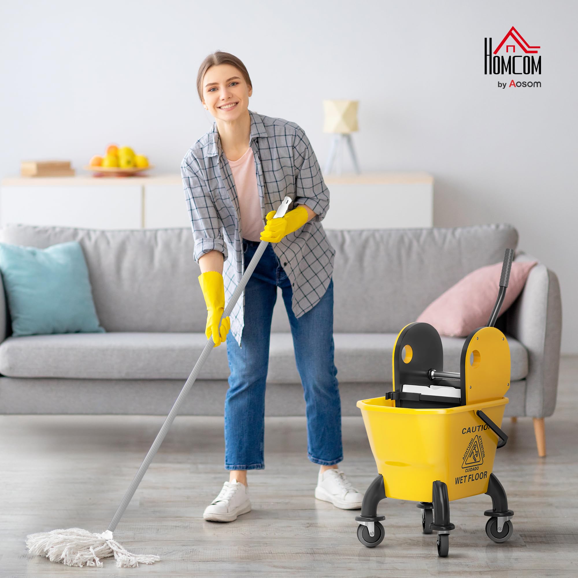 HOMCOM Carrello di pulizia 26 l, secchio con pressa e mocio per uso domestico e commerciale