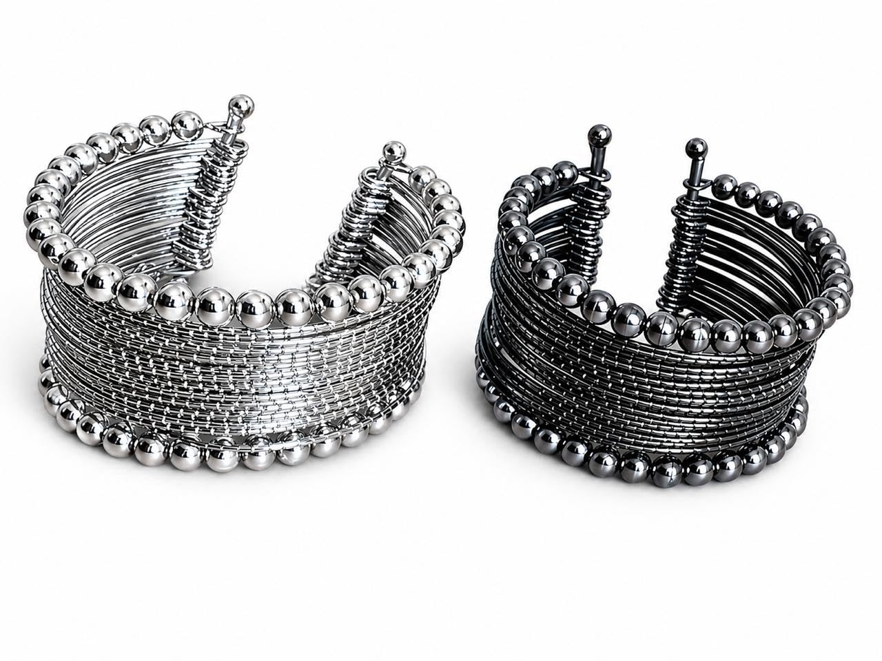 Metal Coil Bangle Bracelet for Women | Stretchable Wire Wrap Kada Cuff | Silver & Black Beaded Statement Bracelet | Modern Fashion Jewelry Combo-image-7