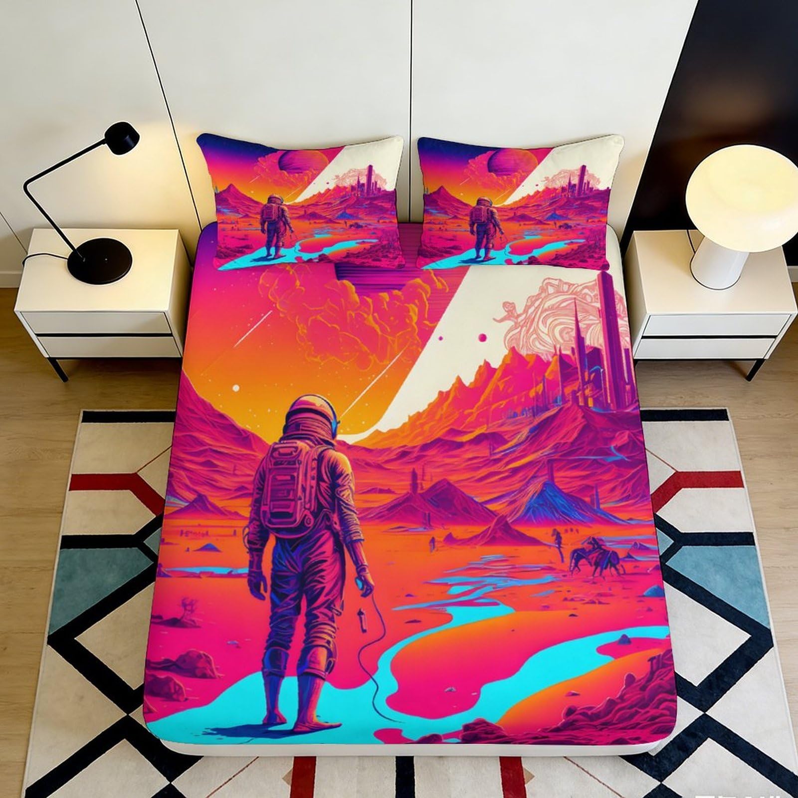 3D Printed Astronaut Landscape Fitted Sheet Microfiber Soft Durable Cosmic Nebula Mattress Cover for Bedroom Dormitory Guest Room Protective Decor 180x200x25cm