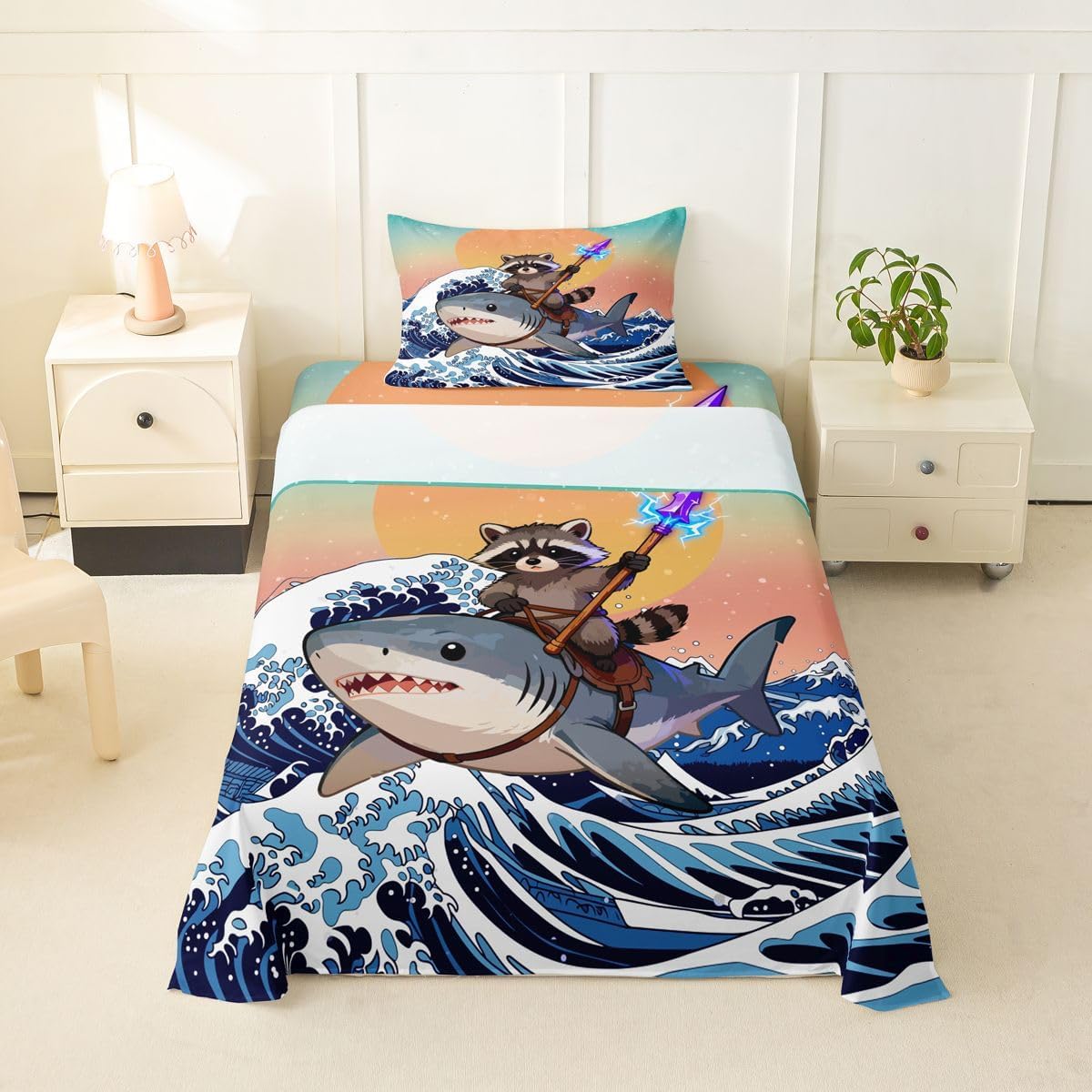 Erosebridal Grey Black Raccoon Sheet Set Japanese Cartoon Cute Whale Twin Sheets Set for Toddler Boys,Sunset Ukiyoe Ocean Waves Watercolor Starry Sky Fitted Sheet