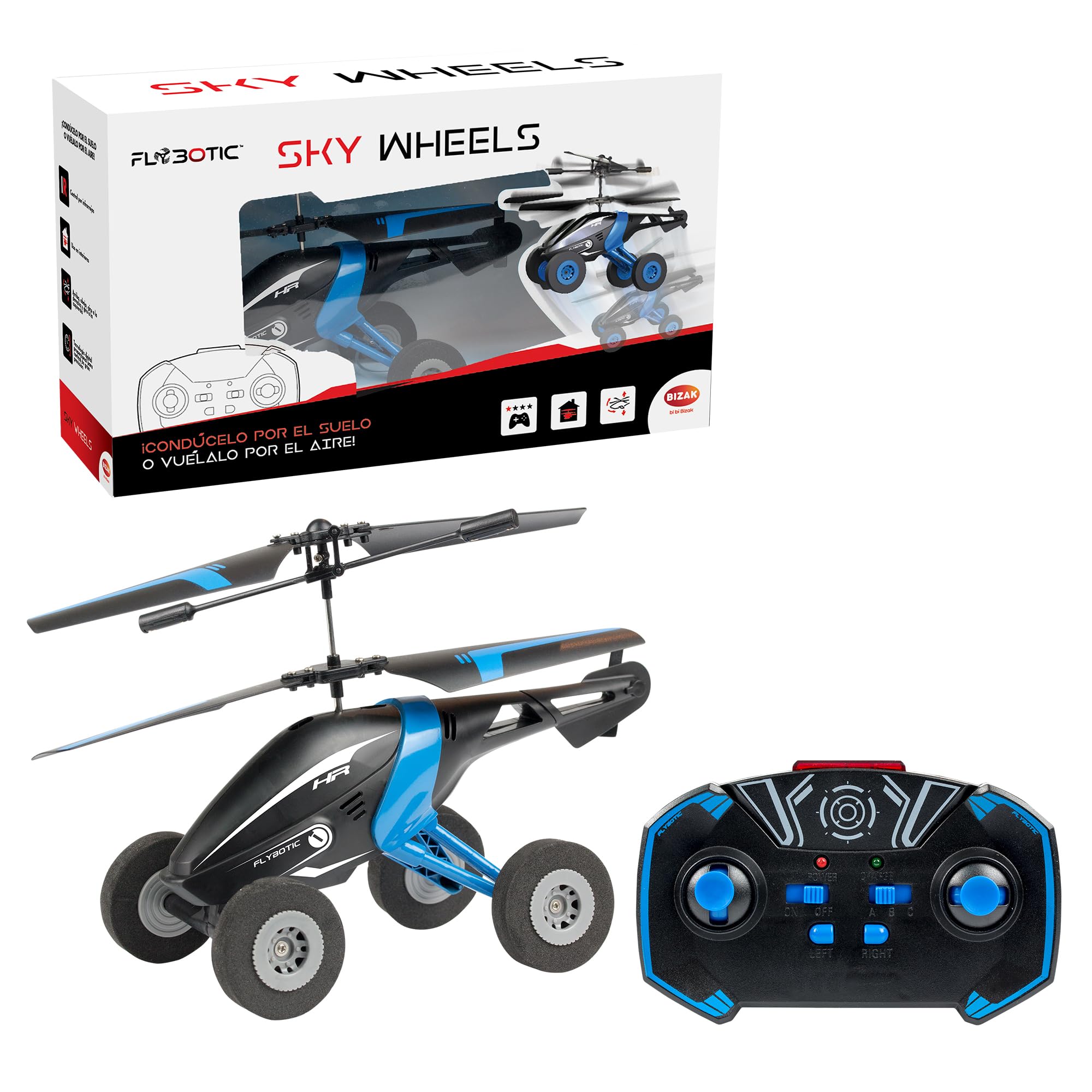 Bizak Sky Wheels Rojo, fantástico helicóptero Radio Control infrarojo 2 Canales, con Ruedas, condúcelo por el Suelo o vuélalo por el Aire, a Partir de 8 años (62004777