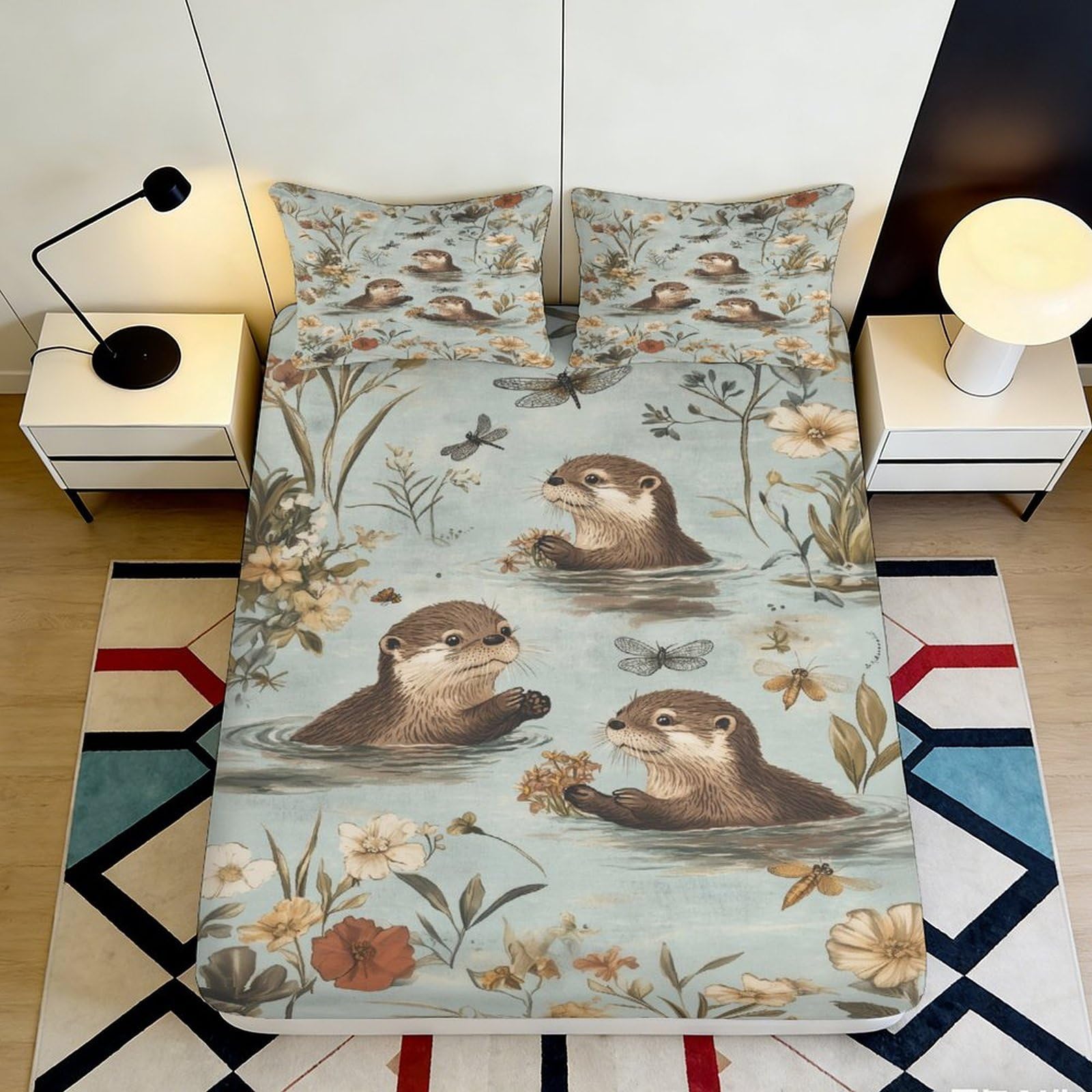 3D Printed Otter Pond Fitted Sheet Microfiber Floral Wildlife Mattress Cover for Bedroom Dorm Room Decor Protection 160x200x25cm