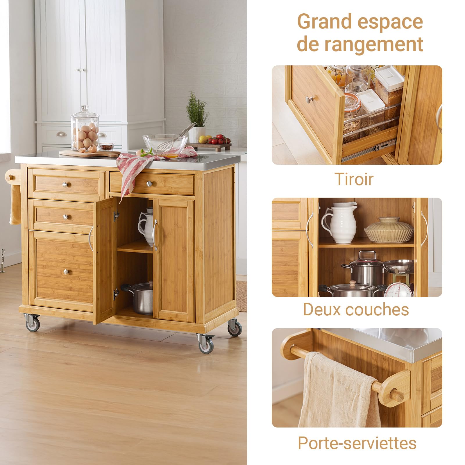 SoBuy Desserte de Cuisine à roulettes, Plan INOX & Freins, 115x92x46cm