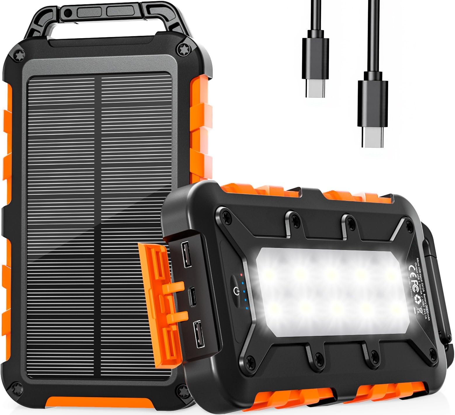 Solar Power Bank 26800mAh, PD22.5W USB C Caricabatterie solare portatile a ricarica rapida con 3 uscite, 2 ingressi e luce a LED, per telefoni esterni, tablet e altro
