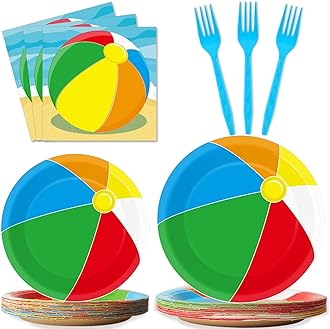 96 Pcs Beach Ball Party Supplies Tableware Summer Pool Ball Party Plates and Napkins Set Beach Birthday Party Favor Decorations For Kids Serves 24