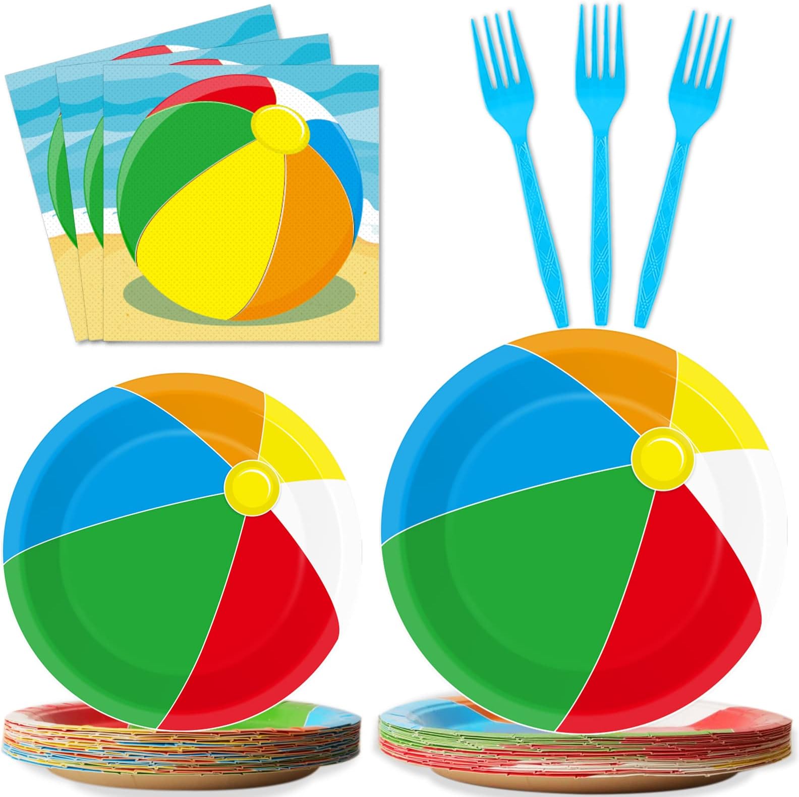 96 Pcs Beach Ball Party Supplies Tableware Summer Pool Ball Party Plates and Napkins Set Beach Birthday Party Favor Decorations For Kids Serves 24