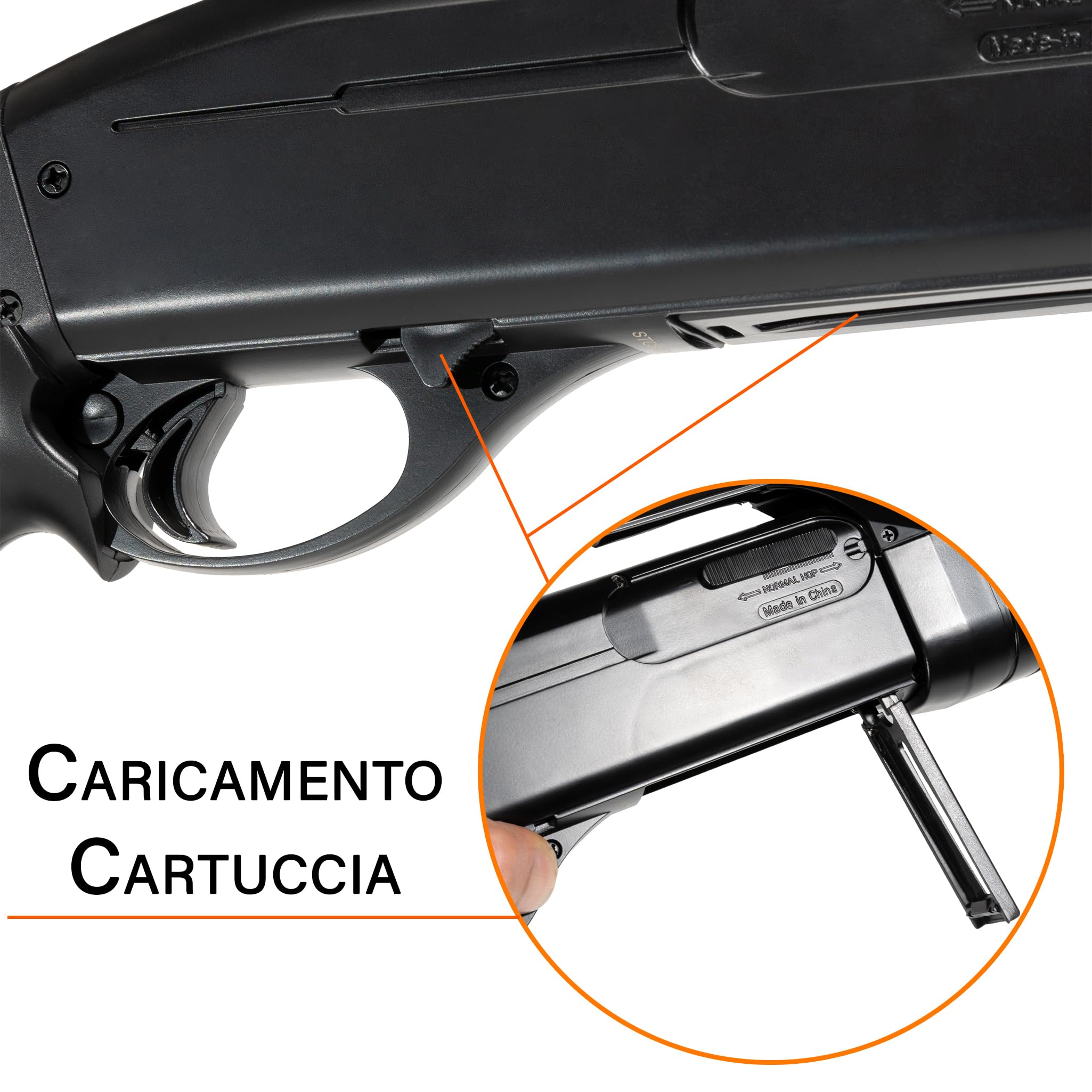 Fucile a pompa Softair plastica, POTENZA 0,9 JOULE, hop up regolabile, caricatore cartuccia 1x14, 4 bossoli, torcia e red dot, slitte su 3 lati