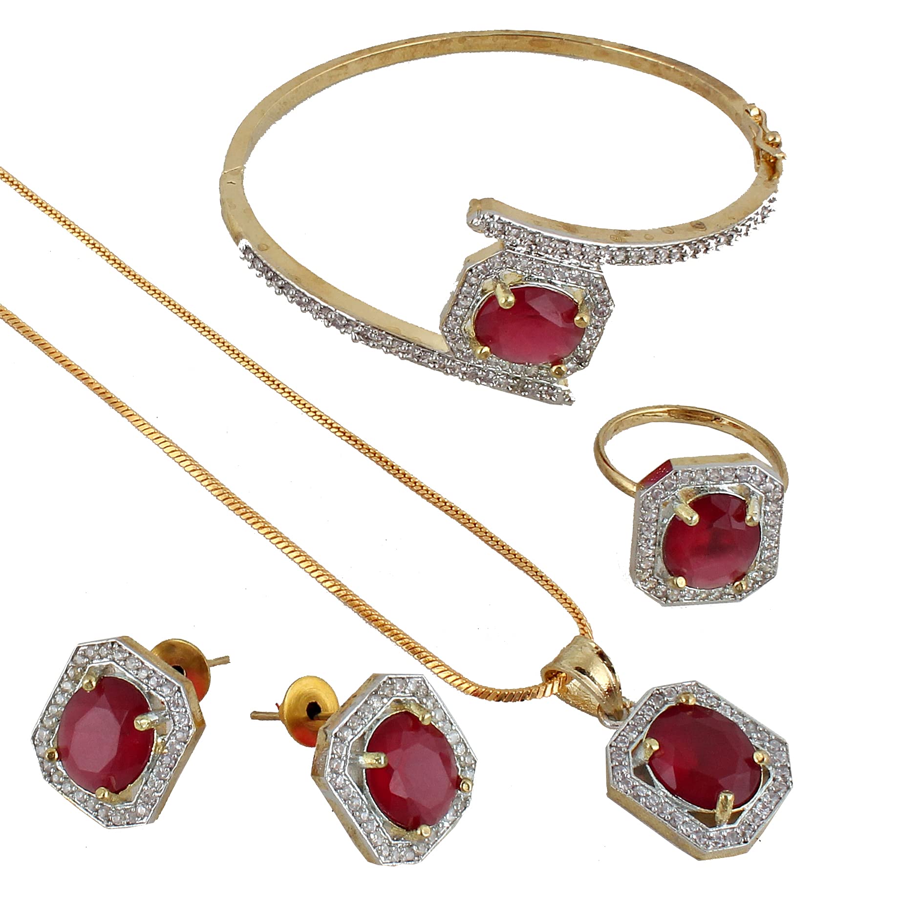 JEWEL21 18K Gold Plated American Diamond (AD) Maroon Color Combo Pendant Set with Earring, Bracelet, & Ring for Girls & Women (B09NFHD8W7) Amazon Price History, Amazon Price Tracker