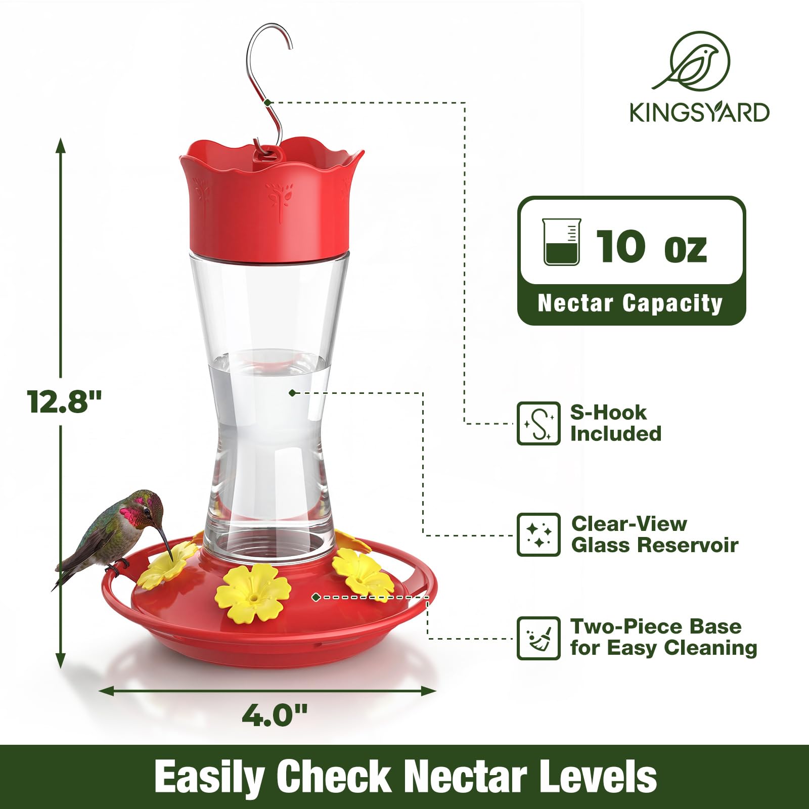 Kingsyard Glass Hummingbird Feeder for Outdoors Hanging, 10 oz Leak-Proof Humming Bird Feeders with Ant Moat & Bee Proof Feeding Ports, Hummingbird Gift for Bird Lovers (Clear) - 2