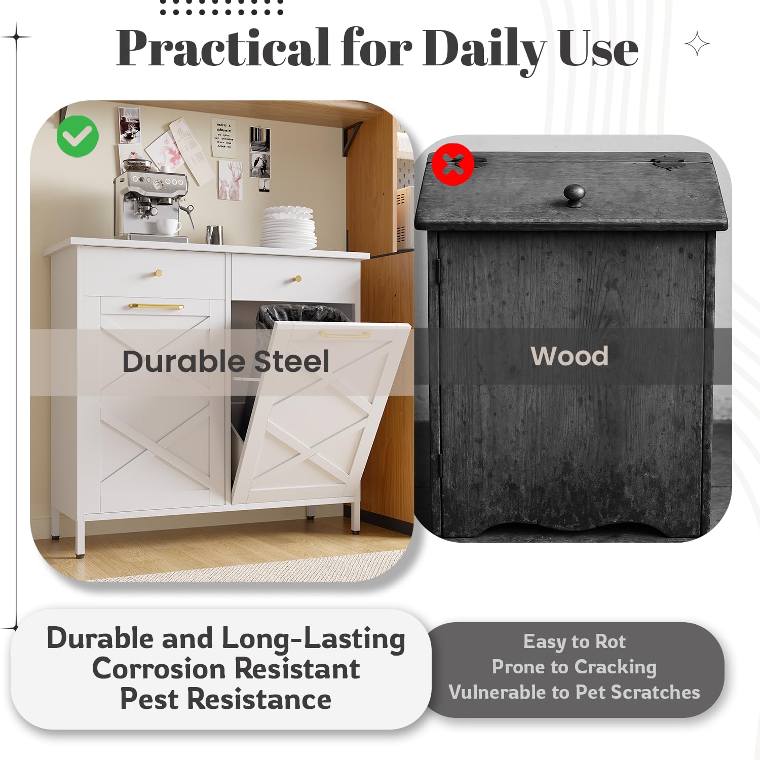 Double Tilt Out Trash Can Cabinet, 20 Gallon Garbage Cabinet with 2 Drawers, Hidden Trashcan Garbage Recycling Cabinet, Dog Proof Trash Can for Kitchen and Living Room, White