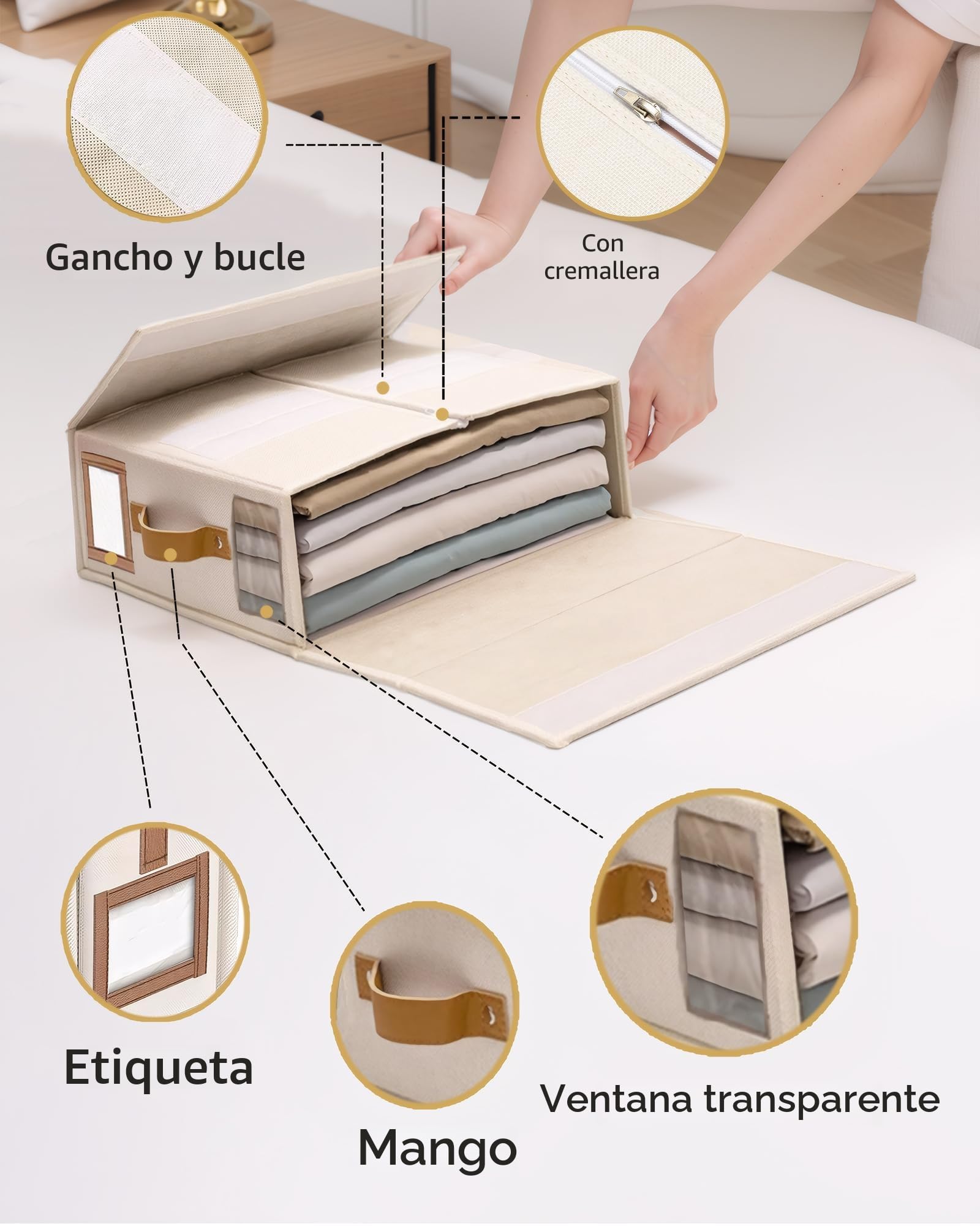 Lino Caja Organizador Sabanas Armario, 6 Organizador de Ropa de Cama Plegable con ventana y asas para guardar debajo de la cama, en el armario para organizar sábanas, ropa y mantas, Beige