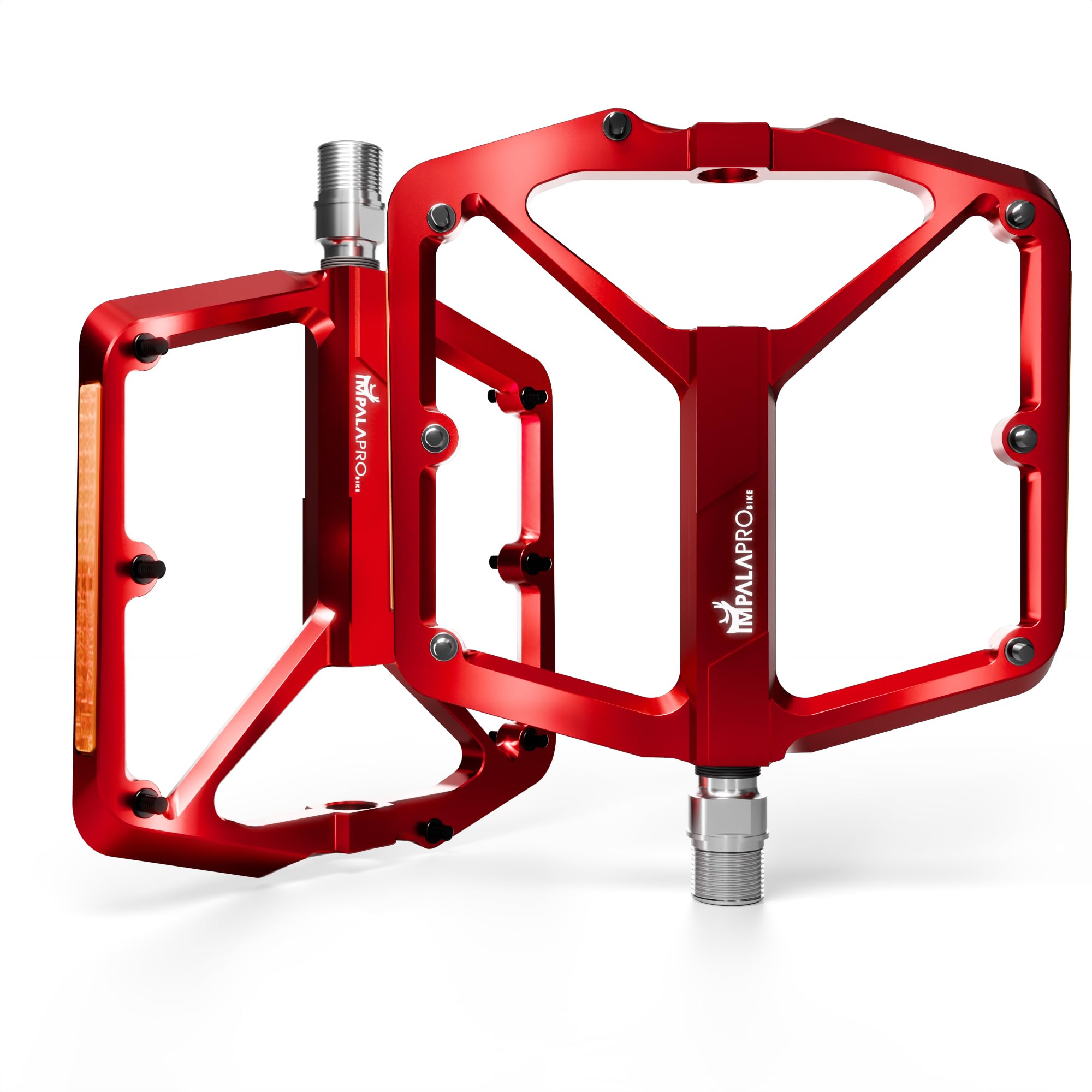 IMPALAPRO Flat Bike Pedals with Reflectors CNC Aluminium 9/16” – MTB Pedals with Extra Wide Platform and Removable Anti-Slip Pins – Lightweight Pedals for Mountain Bike & Road Bike 355 g (red)