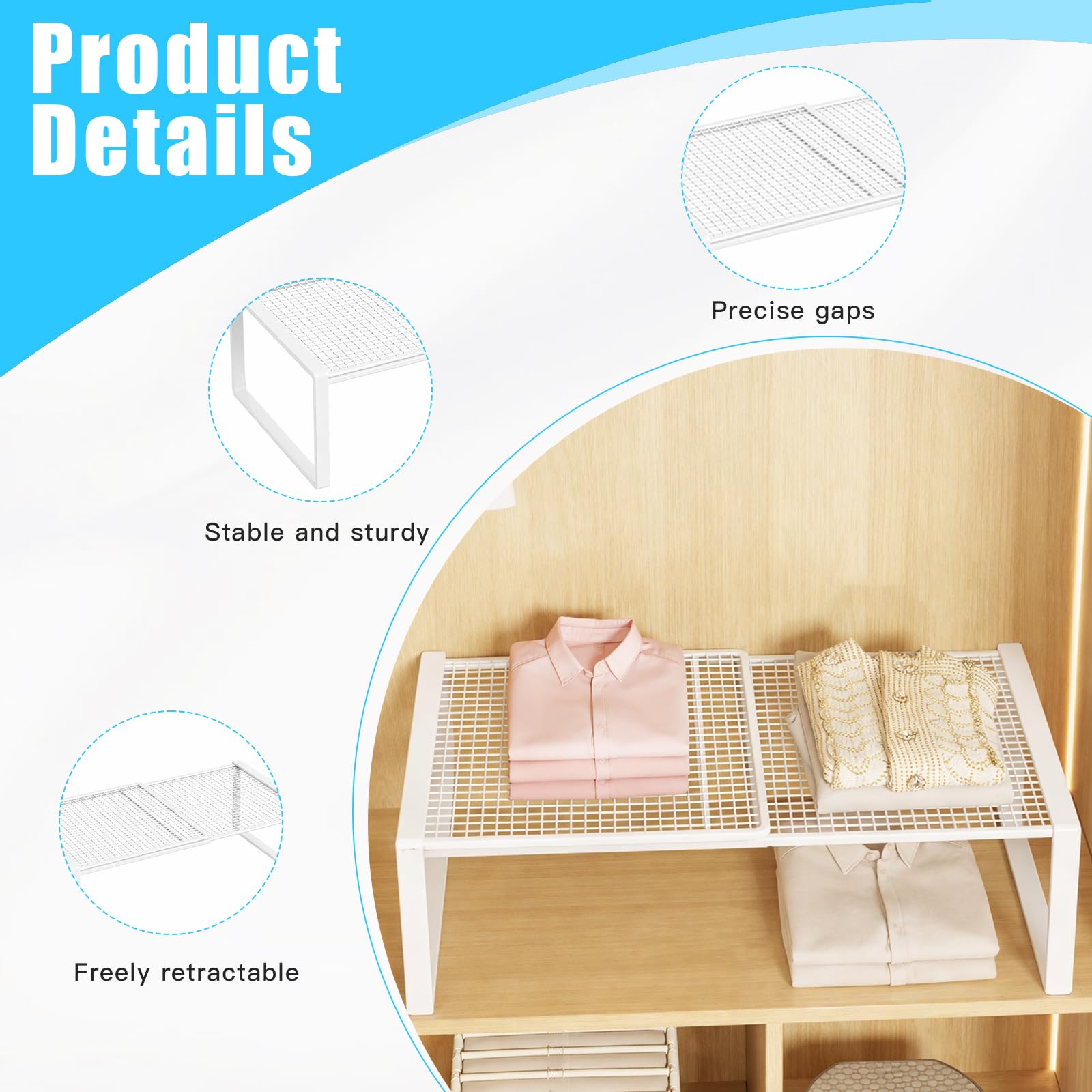 Organizer per armadio impilabile, estensibile, sistema di scaffali in metallo senza foratura, per cucina, bagno e scarpiera, salvaspazio e regolabile, bianco (bianco, lunghezza: 27-38 cm, larghezza