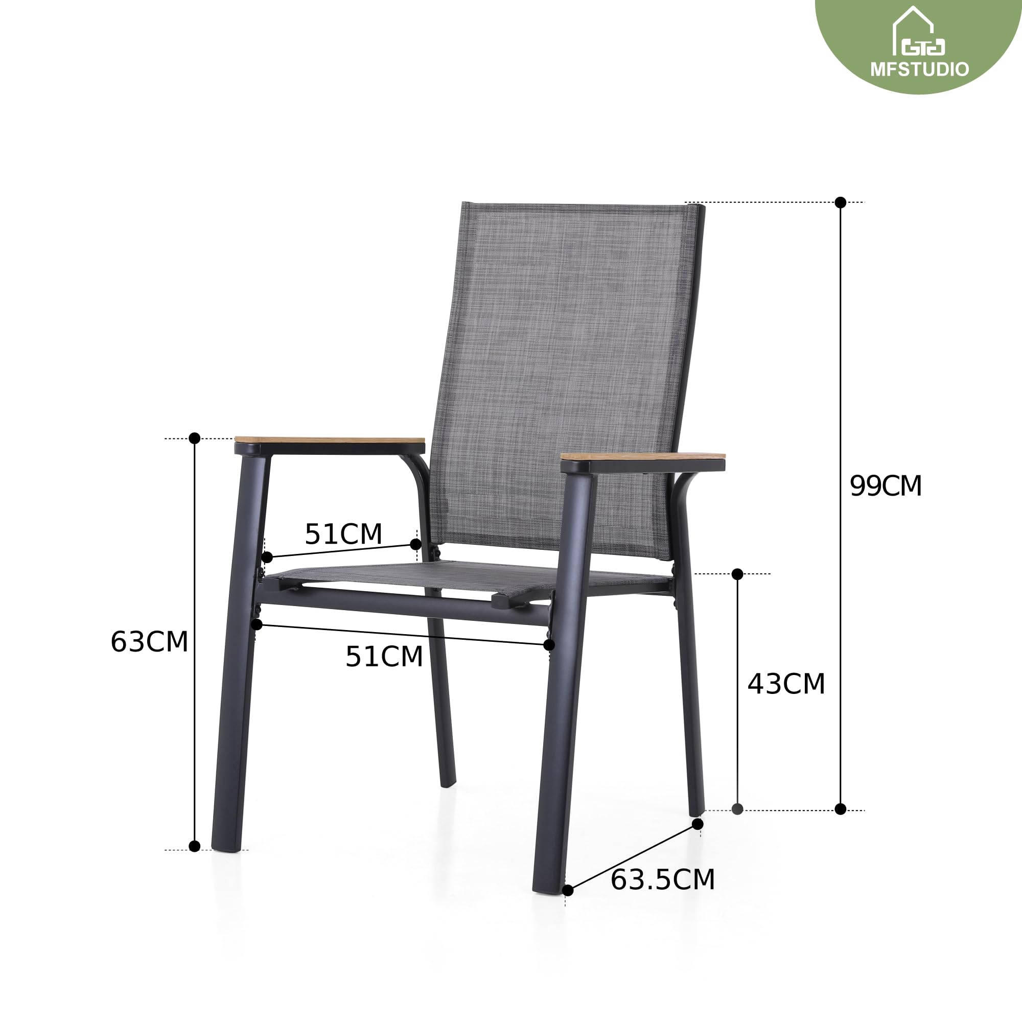 MFSTUDIO Gartenmöbel Set, Terassenmöbel Außen | Bestehend aus Tisch und 4 Stühlen, Rostfreies Metall, Stapelbare Stühle, 152 x 96 x 71 cm, Sonnenschirmöffnung 4–5 cm