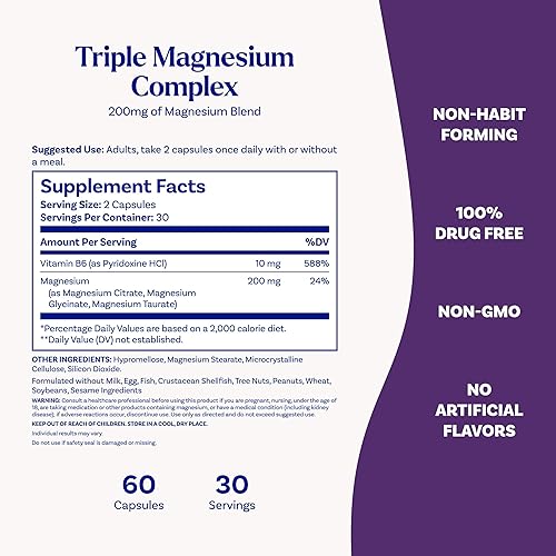 Miniatura 4 de Natrol Suplemento triple complejo de magnesio, glicinato, citrato y taurato de 200 mg de alta absorción, apoya el bienestar de todo el cuerpo, 60