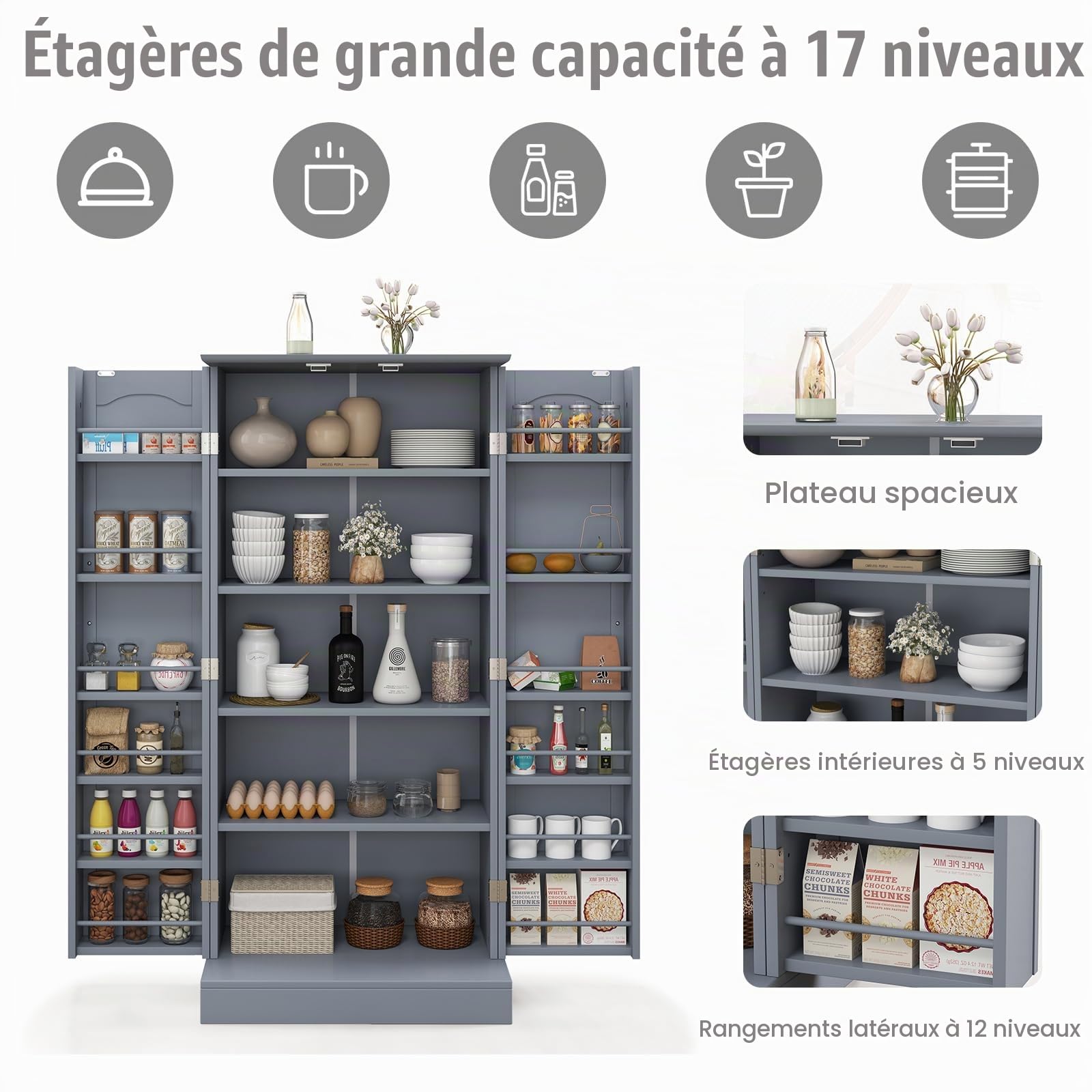 KOMFOTTEU Armoire Friandises, Multi-Étagères réglables, 60x40x120cm, Gris