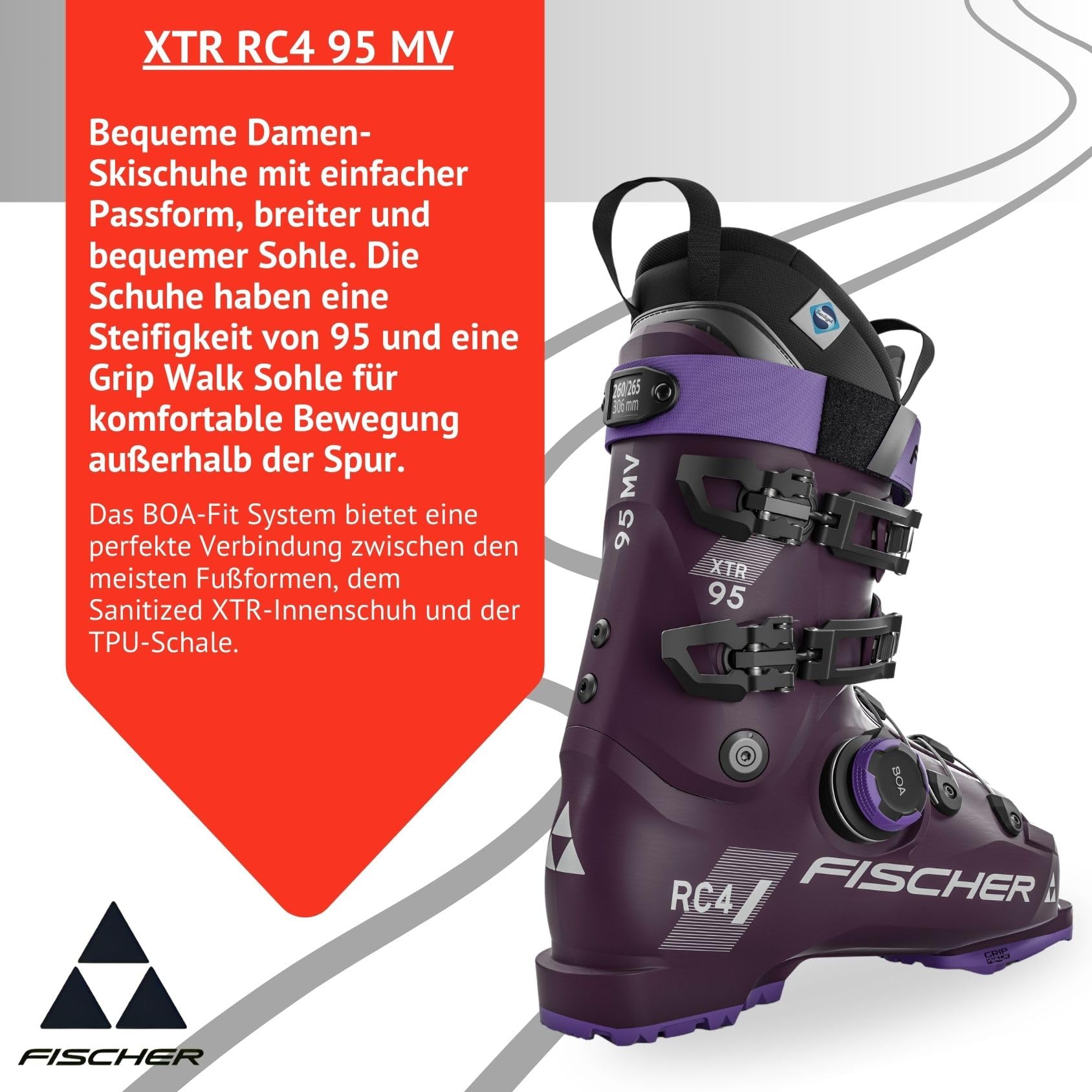 Fischer Damen Skischuhe Skistiefel Alpinskischuhe Alpin-Skistiefel Alpinstiefel für Frauen XTR RC4 95 MV - Flex 95 - GripWalk - Allmountain - für fortgeschrittene Fahrer