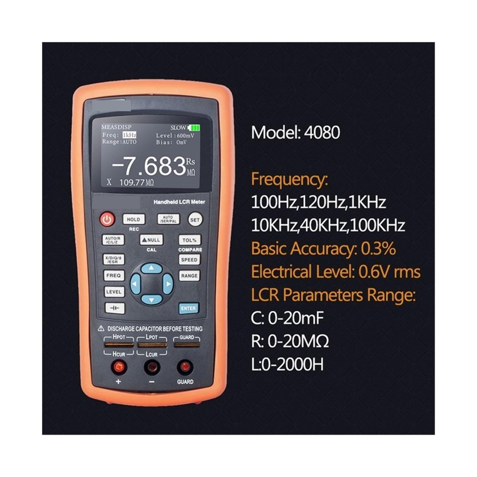 Medidor LCR Medidor de puente digital multifunción de 5 dígitos, probador de resistencia de inductancia de condensador LCR portátil de 100 KHz(4080)