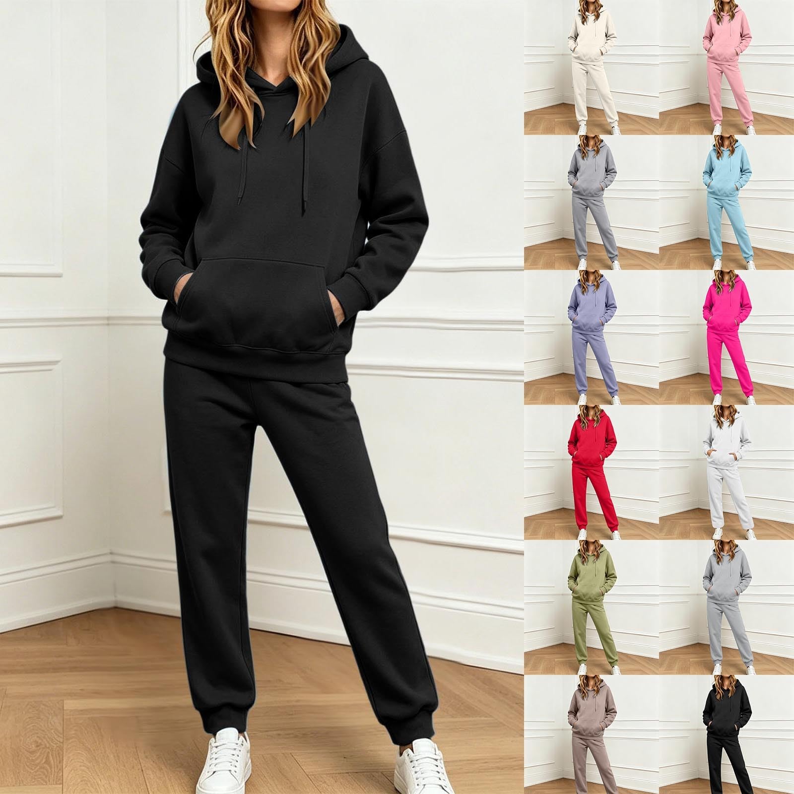 Tuta sportiva da donna, tinta unita, 2 pezzi, tuta da jogging, felpa con cappuccio e gamba dritta, tuta sportiva per il tempo libero, comoda tuta da fitness, casual, a maniche lunghe