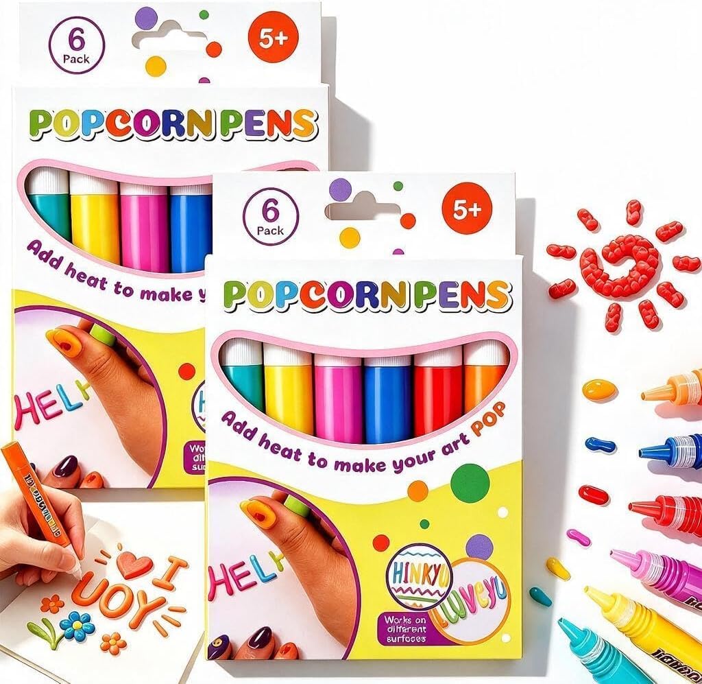 12Pcs Magic Popcorn Pens – 3d Puffy Art Pens, 6 Colors, Magic Puffy Pen, Heat Activated Puffy Drawing Pen For 3d Bubble Popcorn Art, Diy Art & Craft Supplies, Greeting Cards, Drawing & Scrapbooking