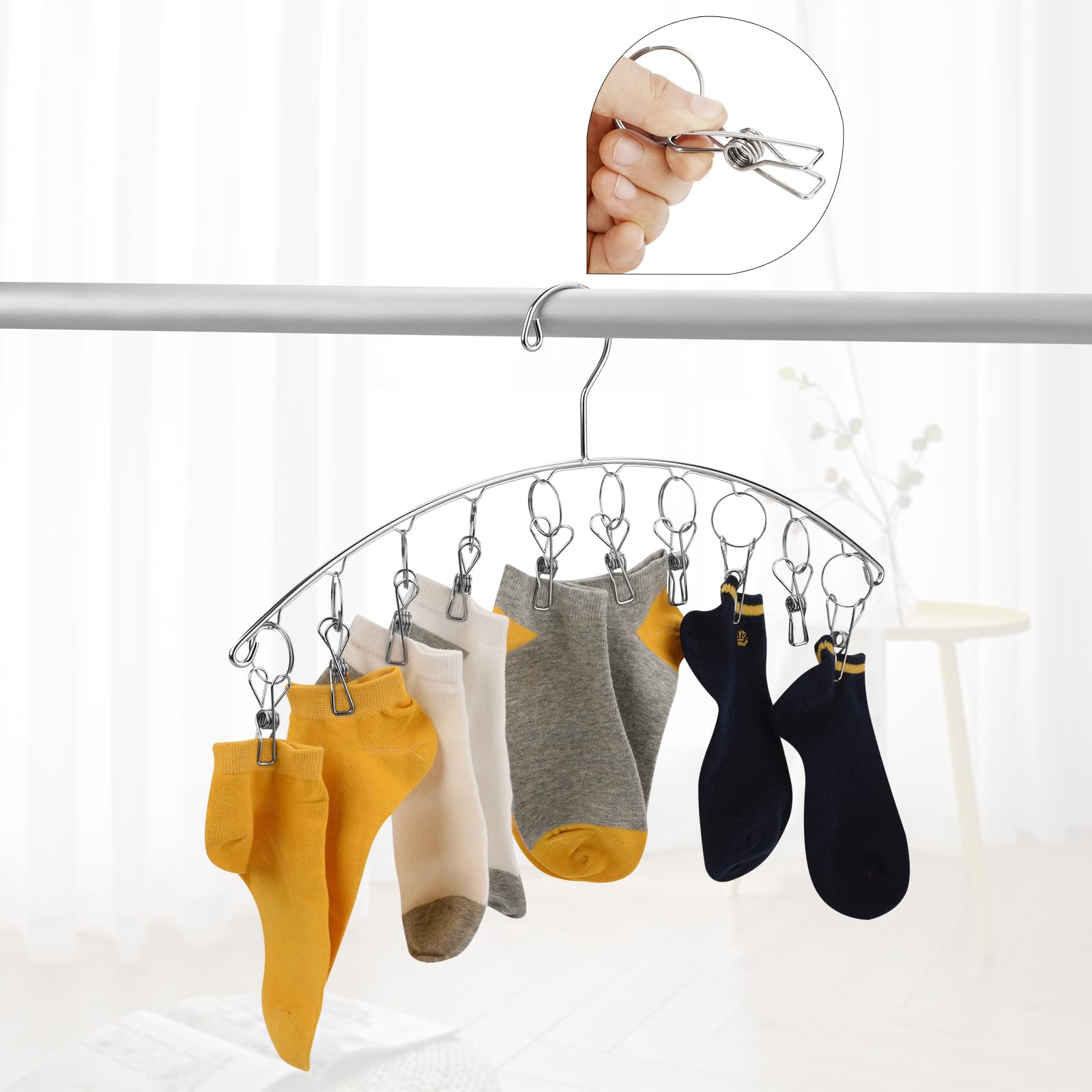 Percha de ropa con 10 clips, acero inoxidable, resistente al viento, para secar calcetines, sujetadores, ropa interior, ropa de bebé, sombreros, bufandas, toallas, pantalones y guantes, juego 3