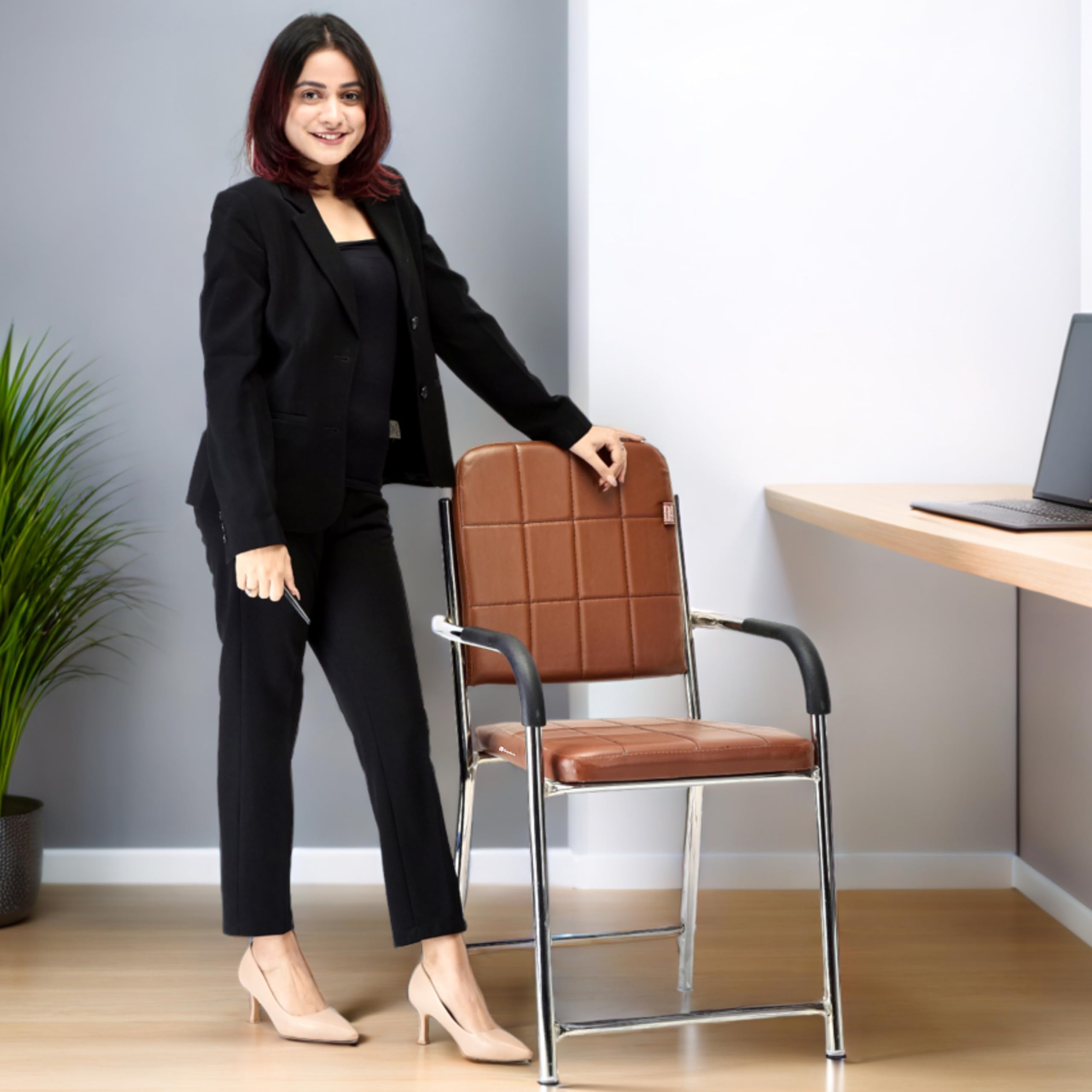 SOMRAJ Office Visitor Chair Comfortable for Work from Home Chrome Steel Chair with Cushion seat Back Heavy Frame (1, Brown, Standard)
