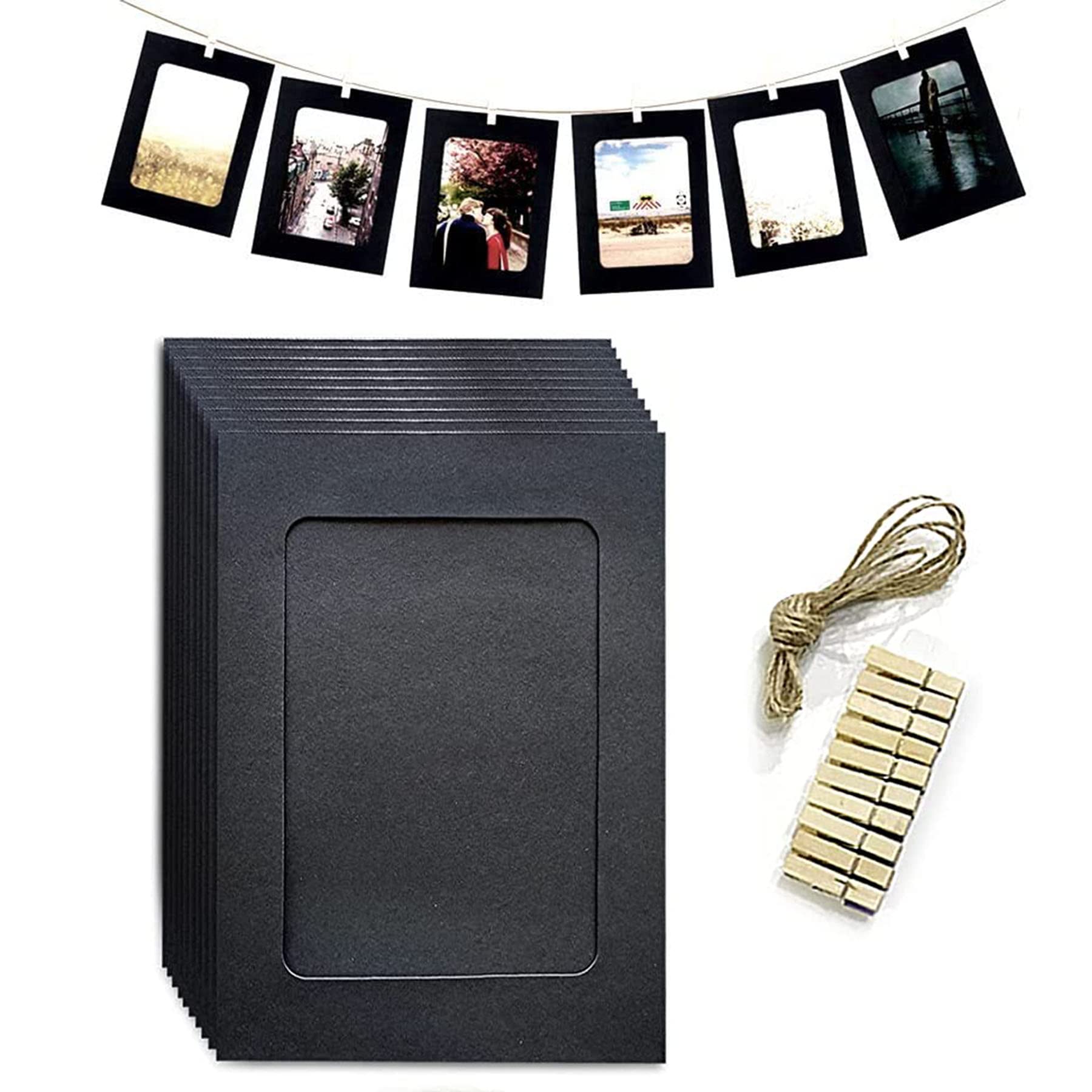 Wawasia 10 PCS 4x6 Inch Black Paper Photo Frame Set with Wood Clips and Jute Twine, Cardboard Photo Frames for Home Wall Decor, School and Office Décor