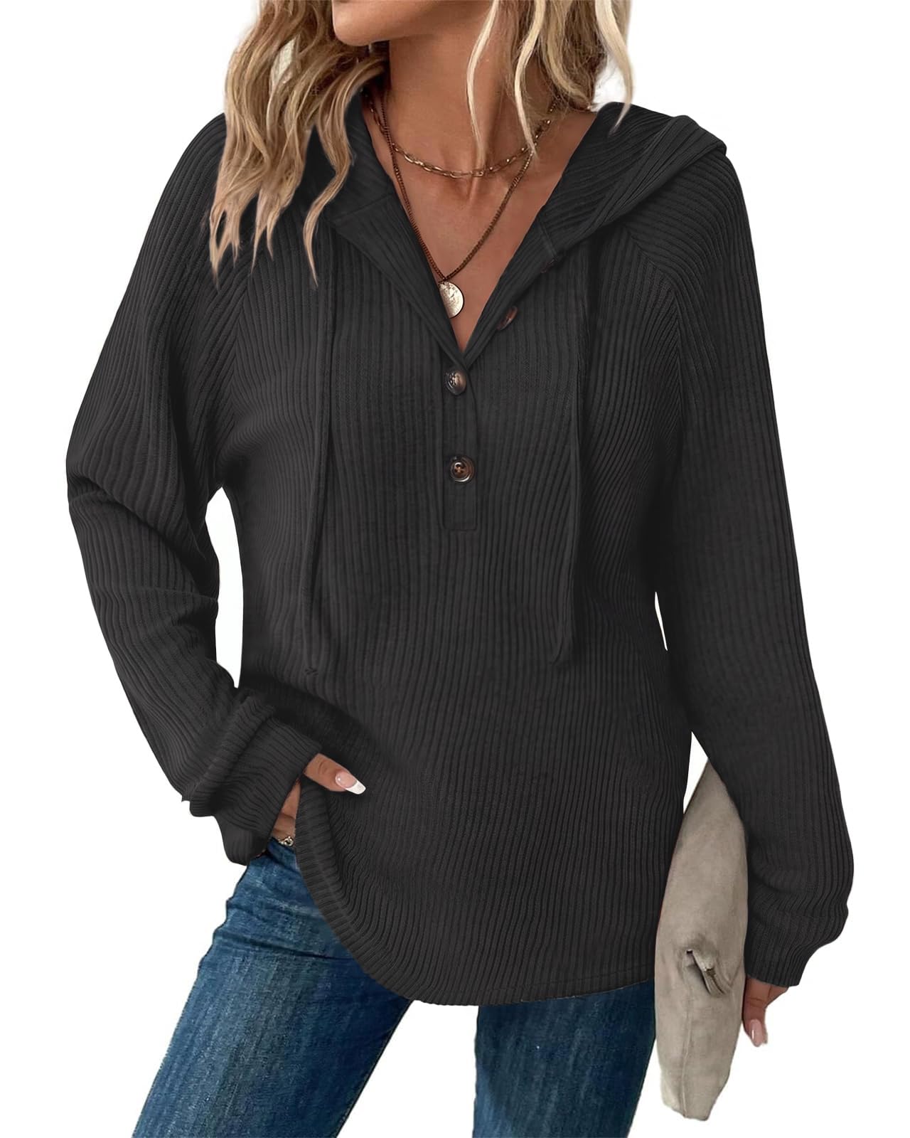SENBATU Sweat à Capuche Femmes Manches Longues boutonné Pull col en V Hoodie Cordon Sweat Shirt