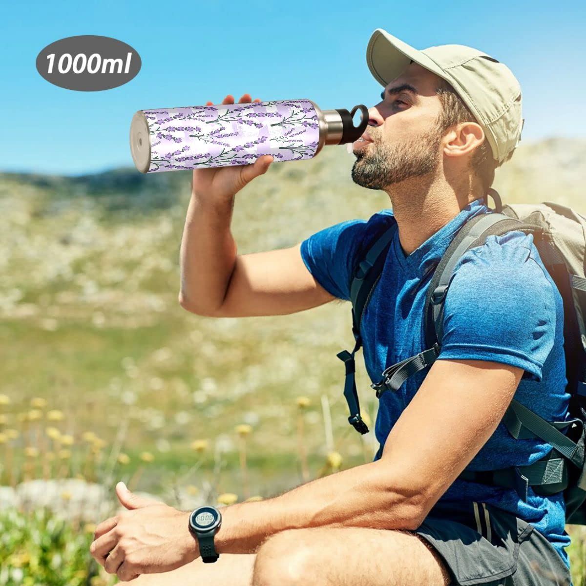 Edelstahl Wasserflasche mit Strohhalm, Retro Lila Lavendel Isolierte Trinkflasche Sport Wasserflasche für Kinder Erwachsene, auslaufsicher, 1L
