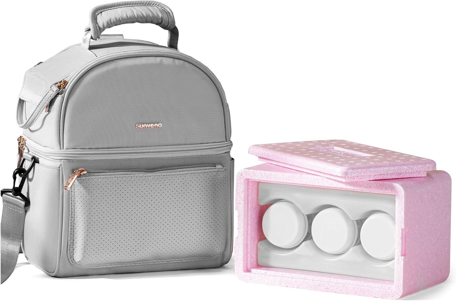 SUNVENO Breast Milk Cooler Bag with Detachable Insulation Box, Double-Layer Pumping Travel Bag for Work & Daycare, Fits Bottles, Ice Packs and Pump Parts,Grey