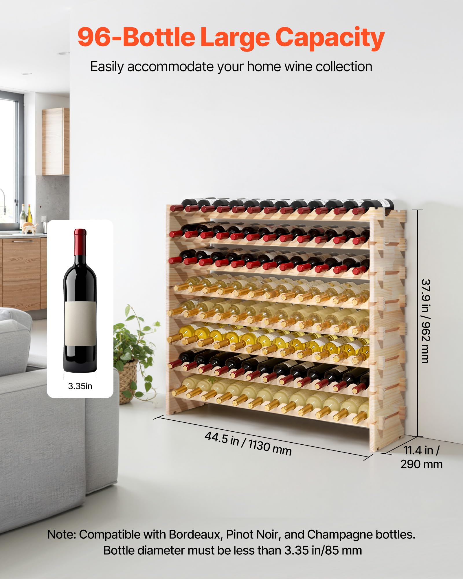 VEVOR Cantinetta Vino in Legno di Pino per 96 Bottiglie 8 Ripiani, Portabottiglie Indipendente con Capacità di Carico Totale di 112 kg, Portabottiglie per Cucina, Cantina, Bar, Sala da Pranzo