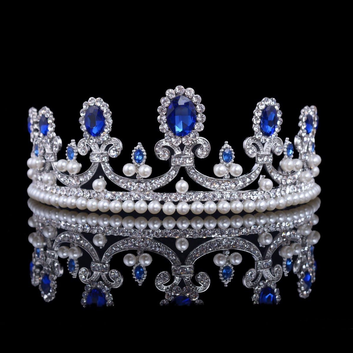 Casualfashion Casualfashion French Royal Queen Crown Baroque Vintage Rhinestone Tiara with Pearls Hair Jewelry (Blue)