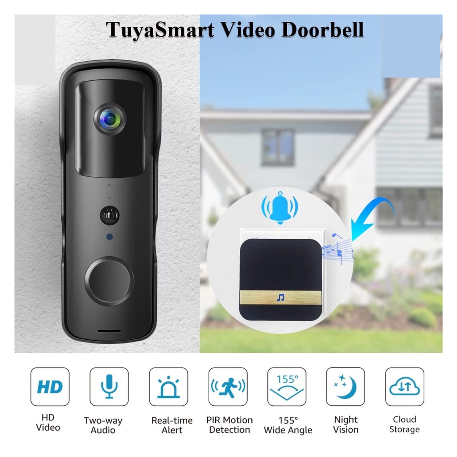 Wideodomofon, Tuya Inteligentny dzwonek wideo Kamera IP Zewnętrzny bezprzewodowy dzwonek Domofon Inteligentna kamera ochrony domu(Nero,Without bell)