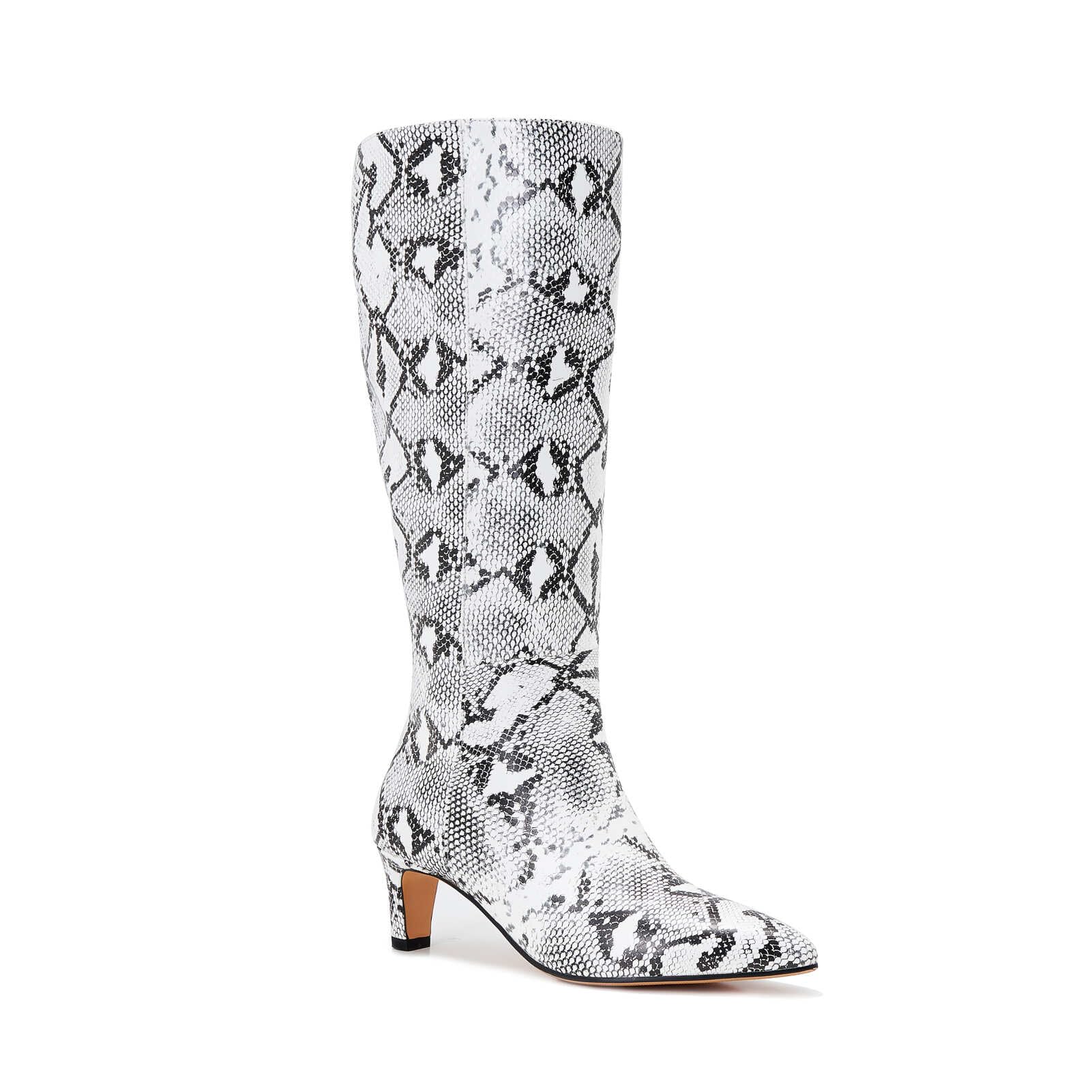 Wide Calf Plus Size Snakeskin Knee High Boots for Women White Snake Print Dress Boots with Kitten Heel