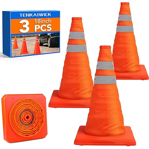 Paquete de 3 conos de seguridad plegables de tráfico de 18 pulgadas, conos de estacionamiento con collares reflectantes, conos de seguridad naranjas