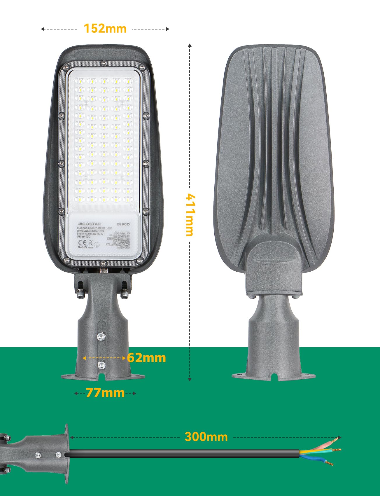 Aigostar Farola LED,50W,luz blanca fría 6500K,4500lm Luz LED Para Exterior,Impermeable IP65,Protección de Impactos IK08.Iluminación led para Patios,Aparcamientos,Calle,Jardines,No incluye soporte