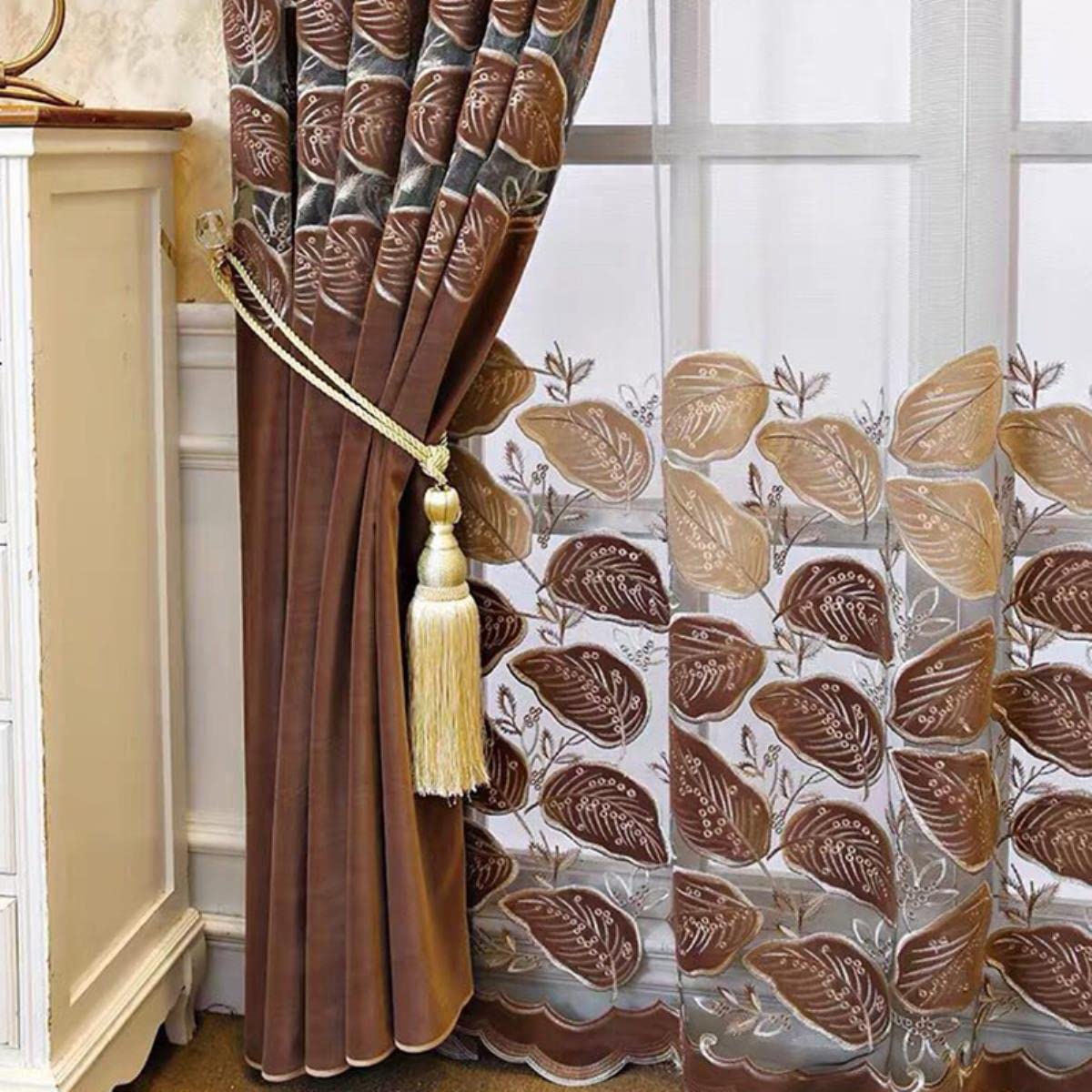 Tende Di Lusso Ricamate A Motivi Floreali, Lunghe 244 Cm, Larghe 132 Cm Per Pannello, Con Occhielli, Colore Oro Scuro (1 Paio)