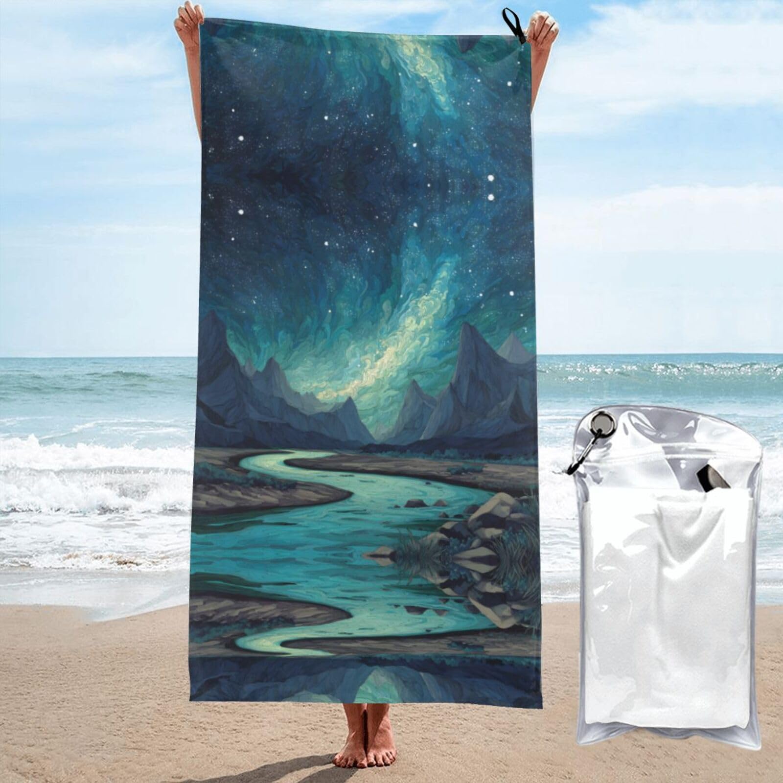 ESNAIUVCD Sky Mountains And Rivers Print Beach Towel, Microfibre Sauna Towel, Quick-Drying Fitness Towel, Lightweight And Thin Portable Sauna Towel