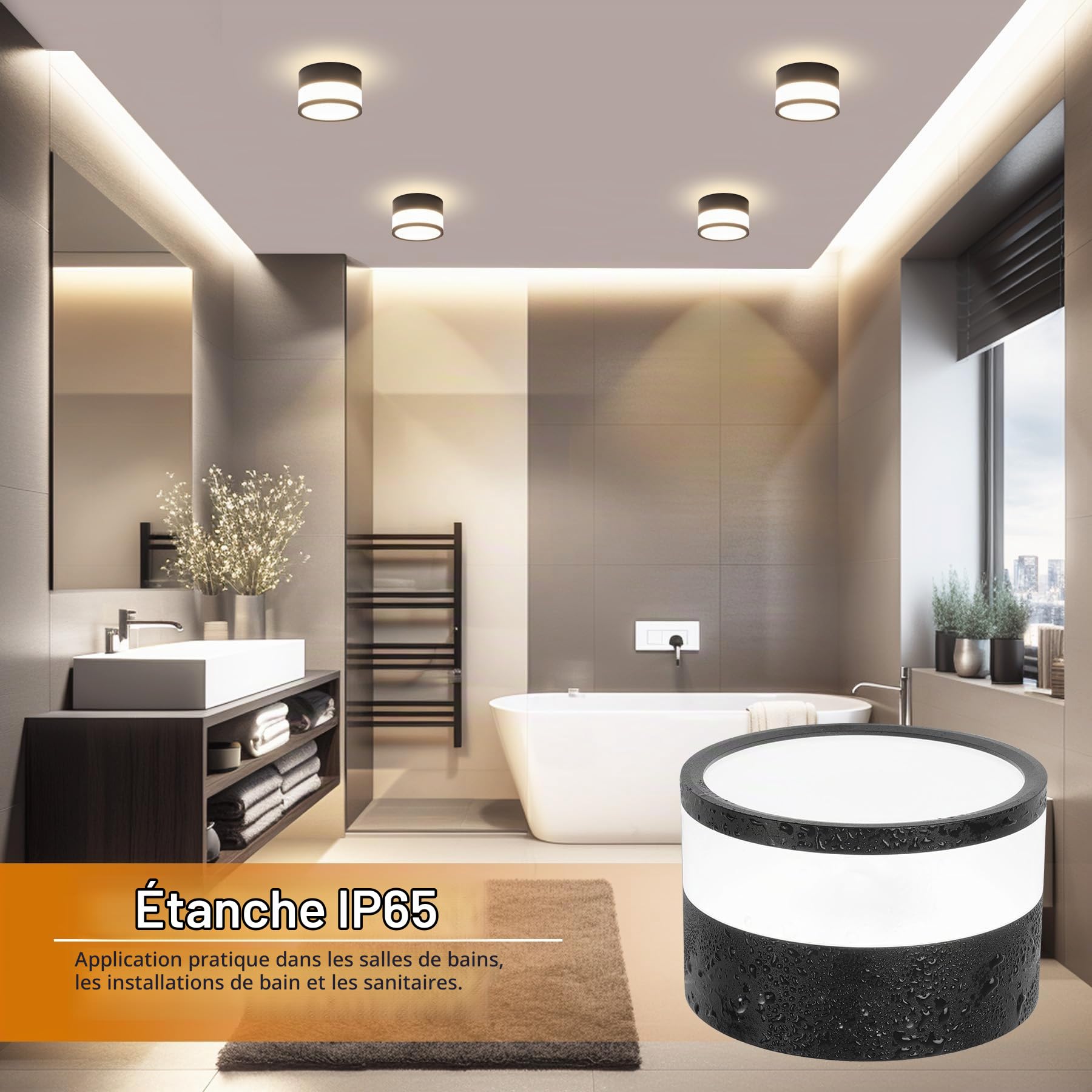 4x Spot LED Surface Dimmable, IP65 Plafonnier Spot avec Télécommande APP, 12W Spots de Plafond Noir 2700K-6500K Spot Plat Surface Aluminium 220V Rond Plafonnier Salle de Bain, Ø109mm