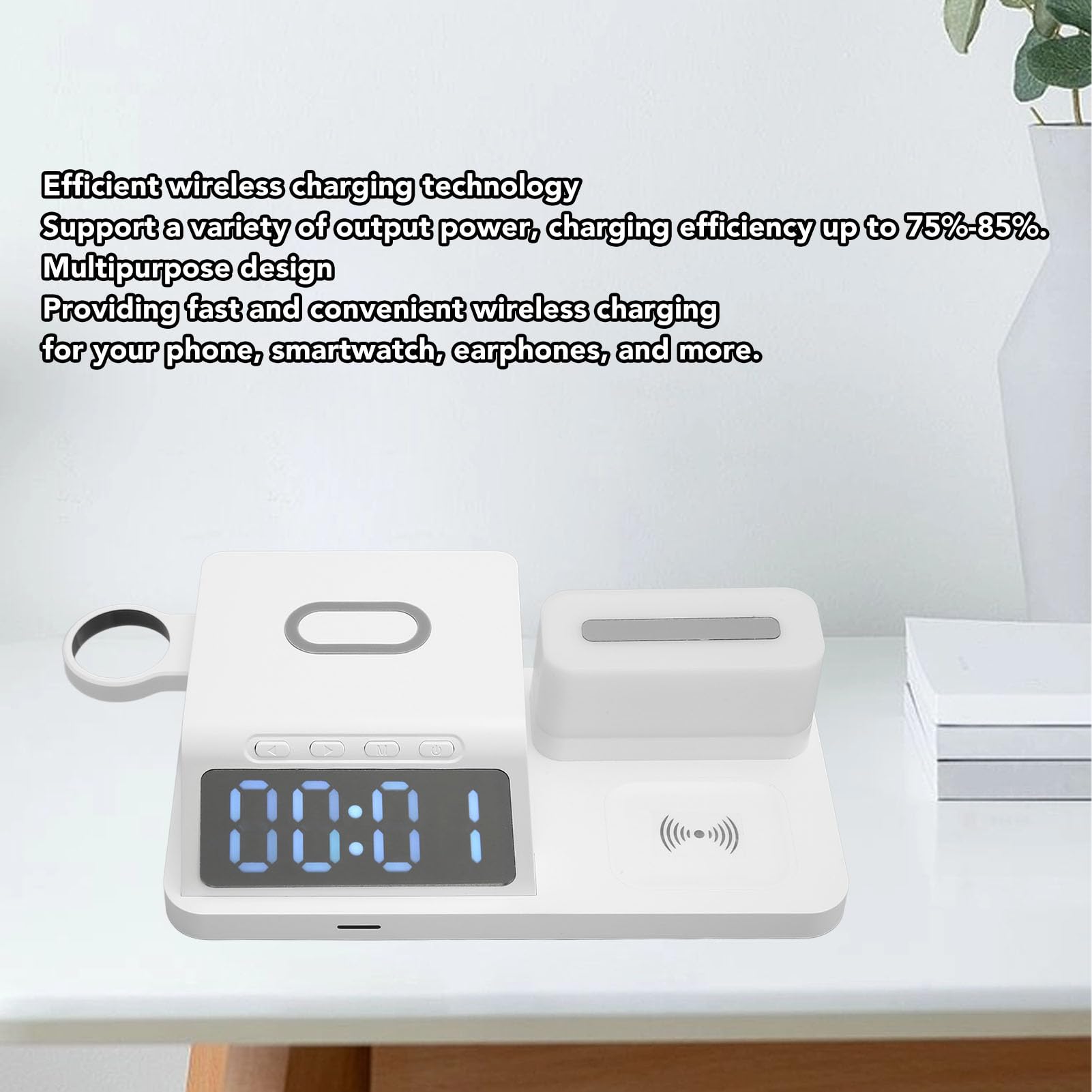Sveglia Multifunzione Caricabatterie Wireless Ricarica Rapida da 15 W con Display a LED Calendario Luce Notturna per Telefono Smartwatch Auricolare (Bianca)