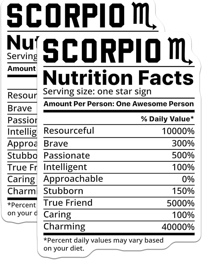 (2 Pack) Scorpio Stickers - Zodiac Sign Astrology - Nutrition Facts Funny Decals - 5