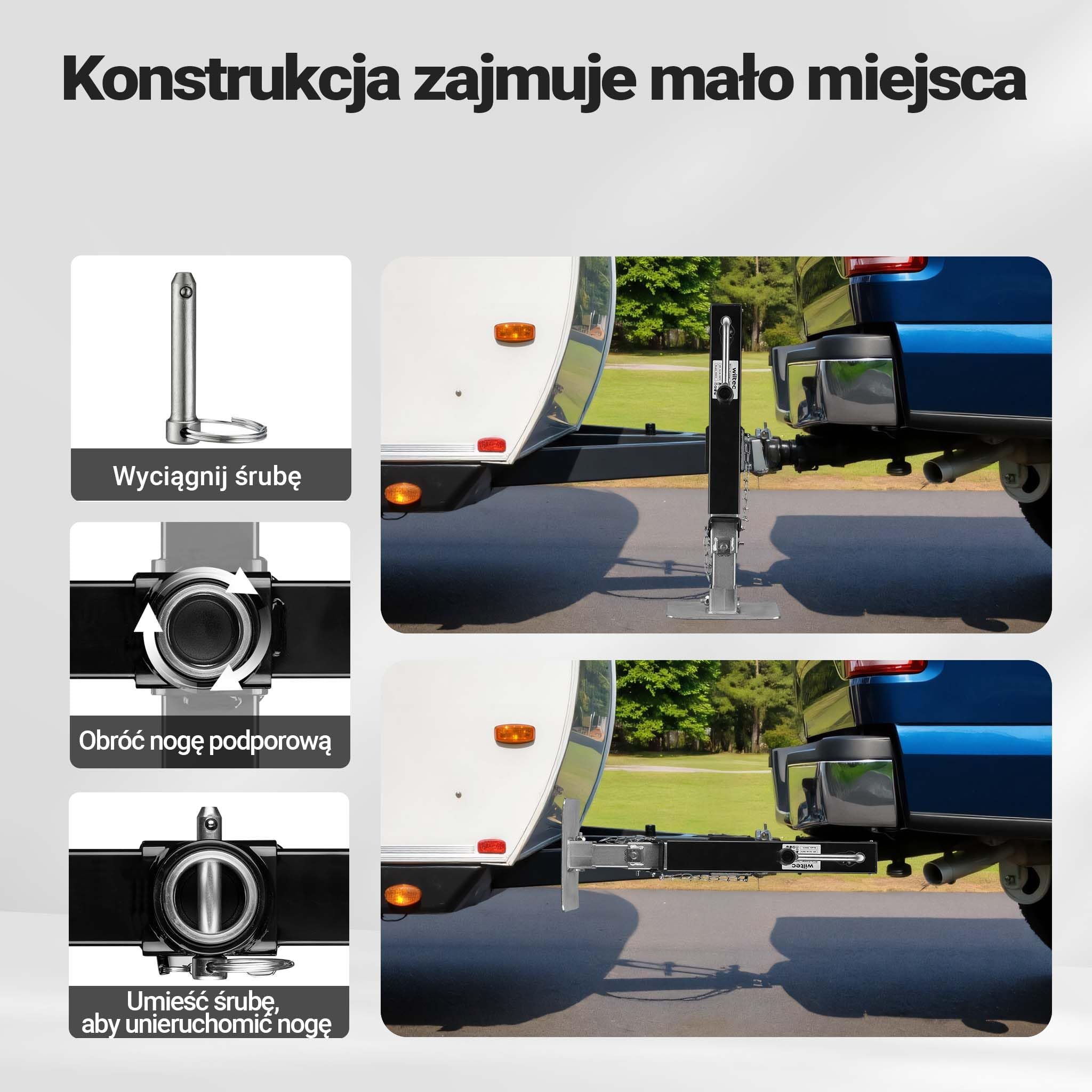Wiltec Podpora o nośności do 900 kg z korbą boczną do regulacji wysokości i uchwytem na rurę, postojowa do przyczepy kempingowej