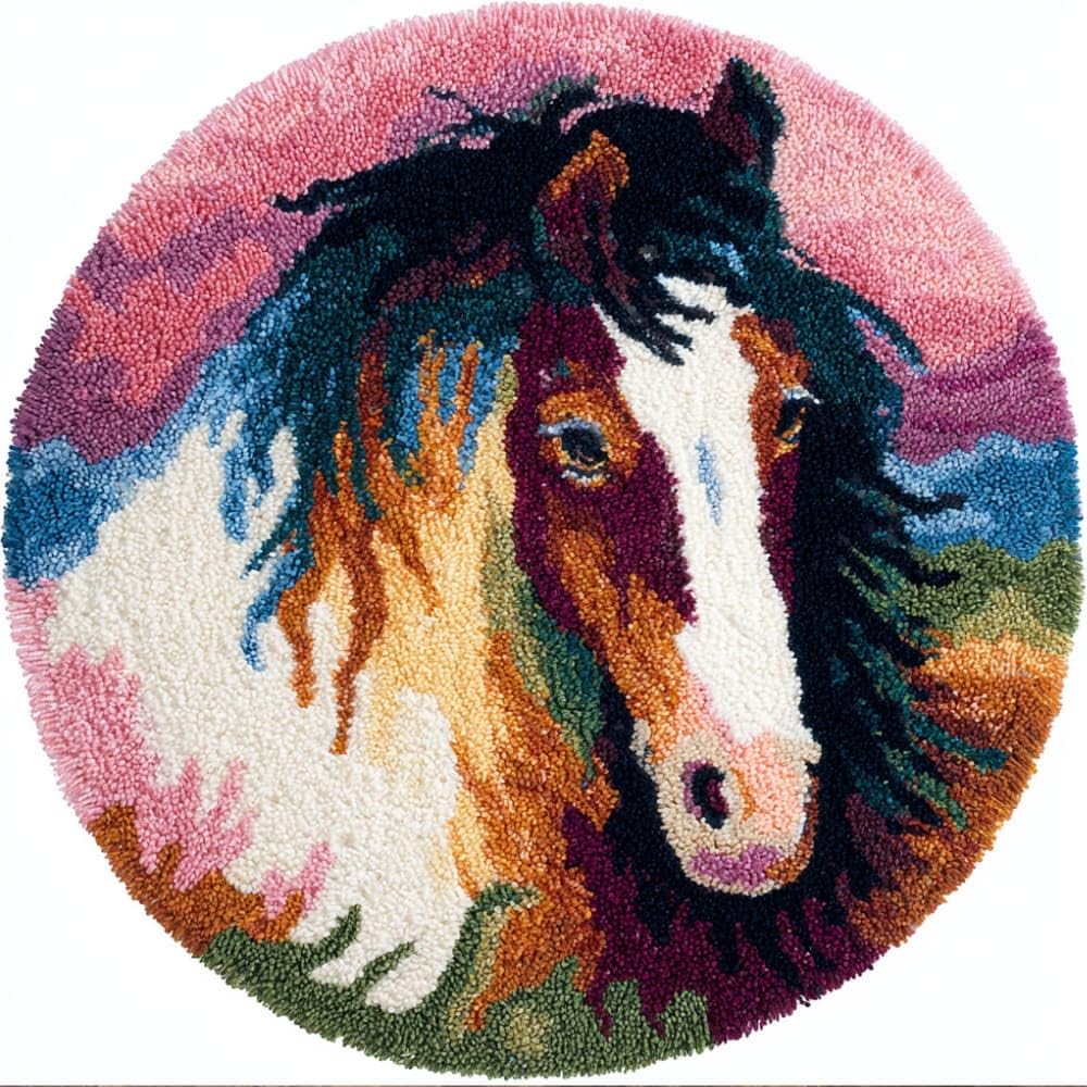 kitphoenix Round Shape Latch Hook Kits Rug Horse DIY Cushion Rug Carpet Making Crochet Hook Kits Preprinted Pattern Canvas Cushion Yarn Hooking Kits Mat Kits 50X50Cm