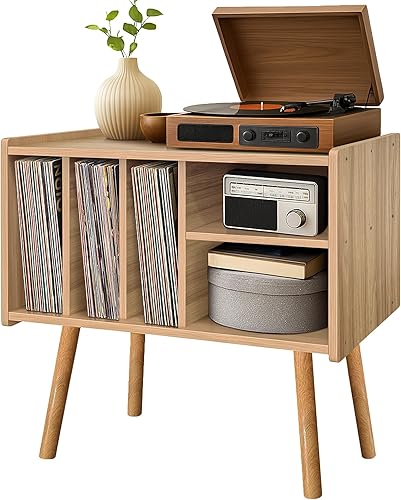 Miniatura 9 de Montex Soporte para tocadiscos con almacenamiento de vinilo, mesa de tocadiscos de madera con 5 gabinetes, soporte grande para tocadiscos, estante