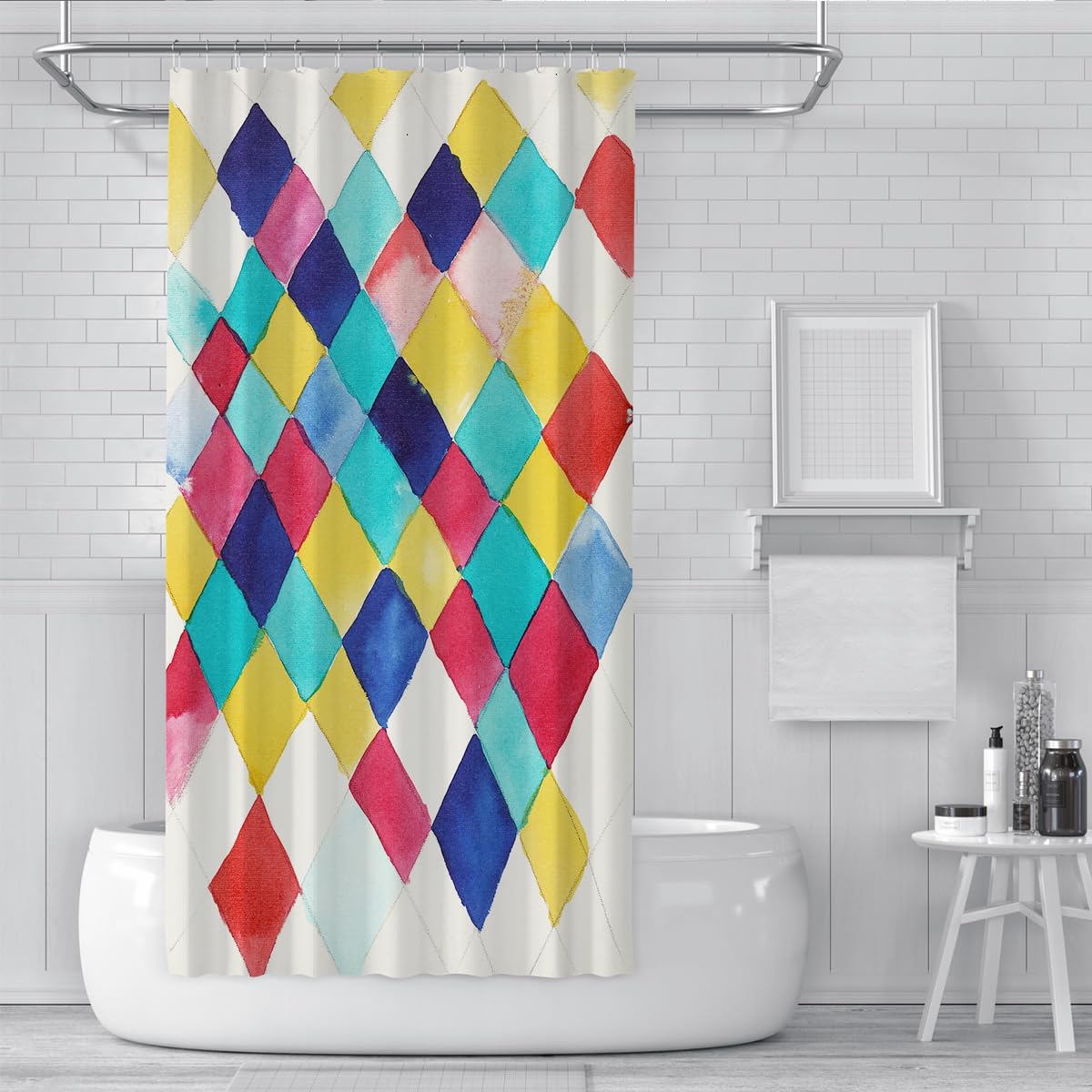 Mehrfarbiges Pink, Gelb-Blau-Mosaikgitter, Duschvorhang, Leuchtend regenbogenfarbene Karierte Duschvorhänge, waschbare Polyester-Badezimmerdekoration, wasserabweisend, schnell trocknend 200 x 240 cm
