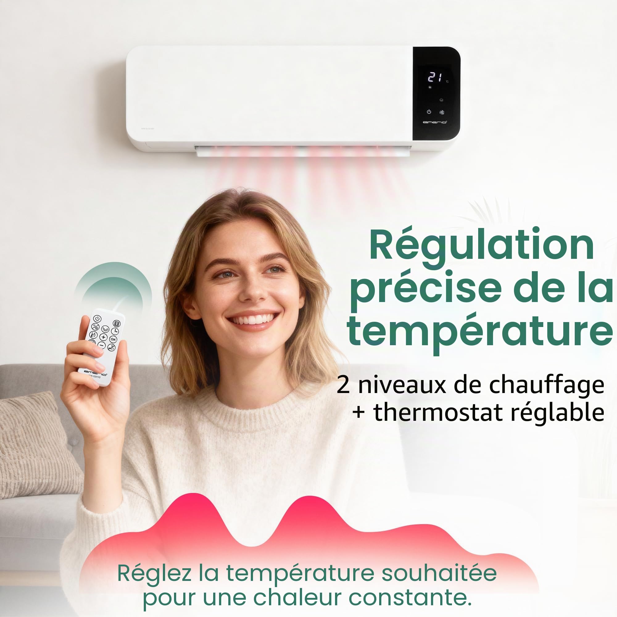 EMERIO FH-133172 Radiateur soufflant mural 2000 W, minuterie hebdomadaire réglable, élément chauffant PTC (céramique), 2 niveaux de chaleur, thermostat réglable, fenêtre ouverte, détection oscillante